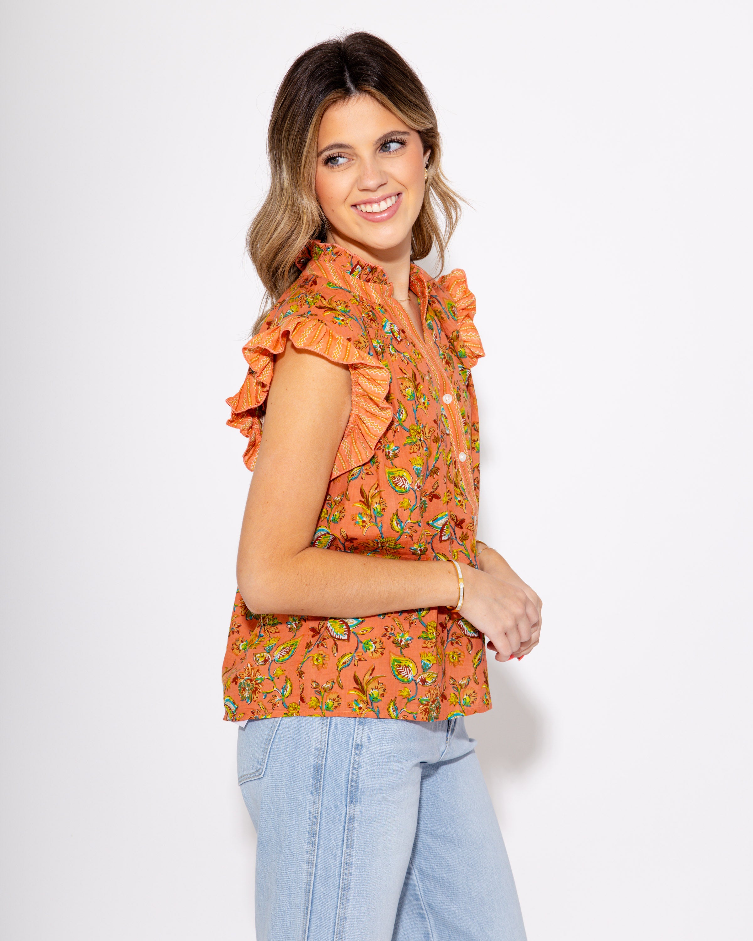 Coral Floral Crush Ruffle Top