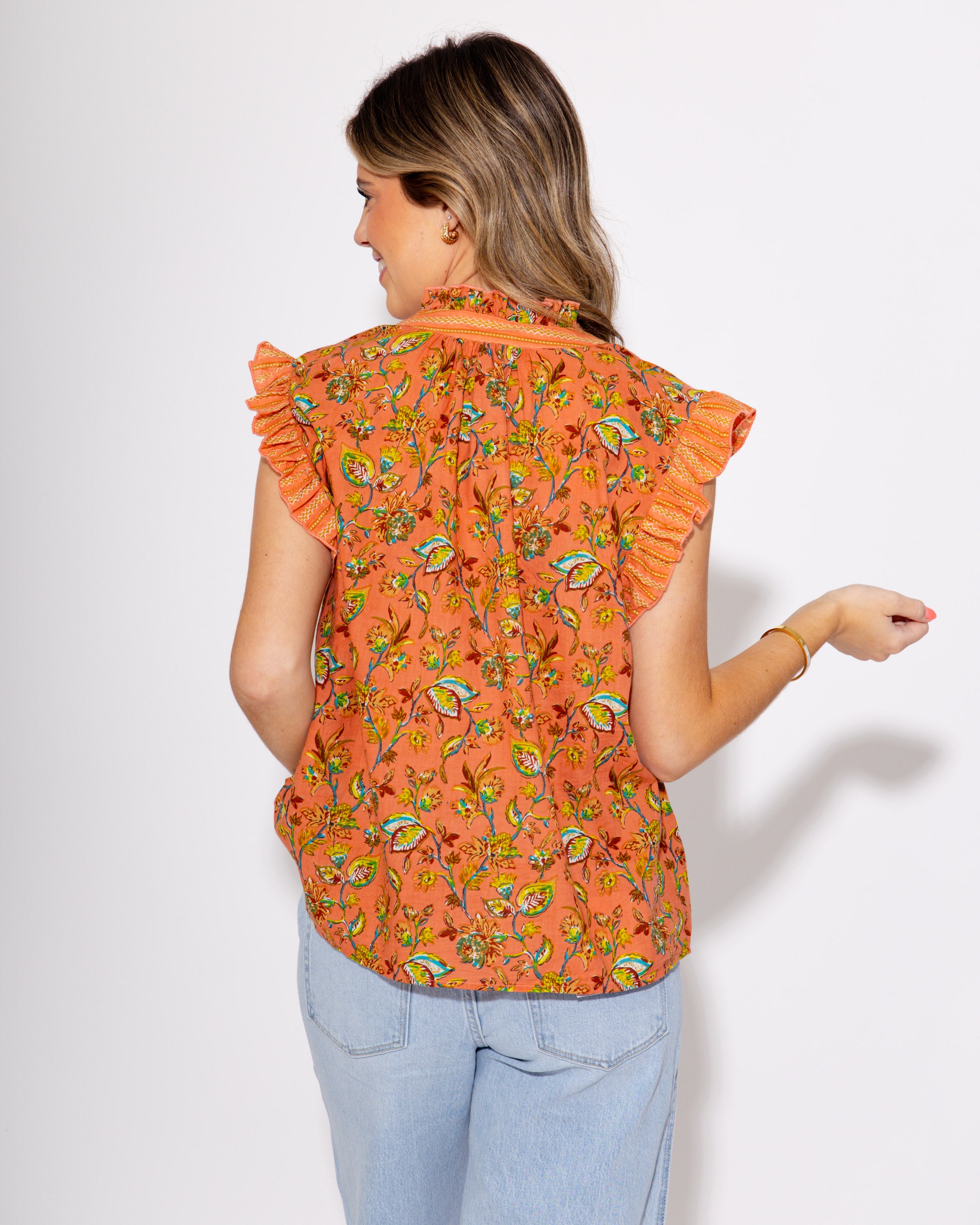 Coral Floral Crush Ruffle Top