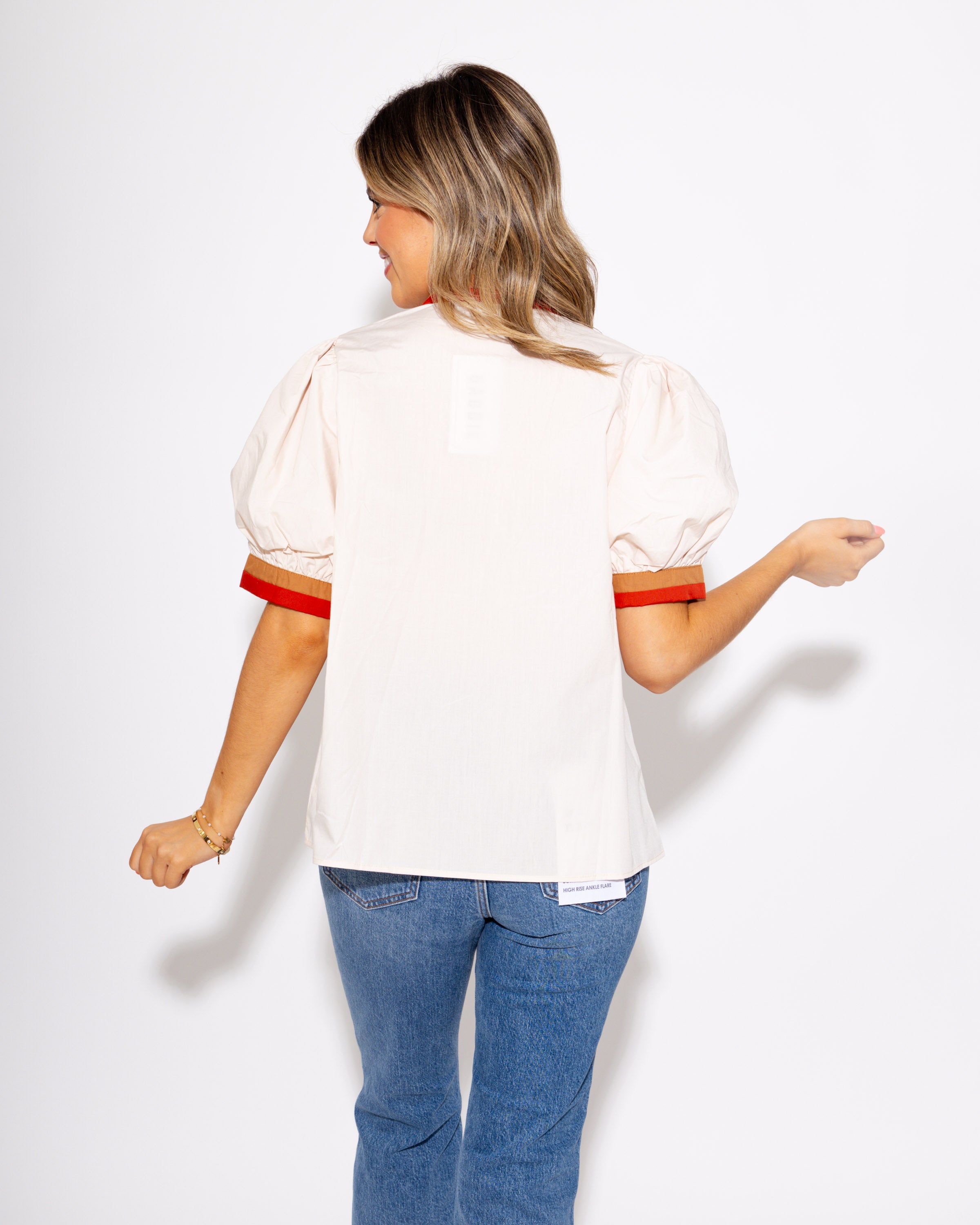 Orange and Tan Collared Ecru Top