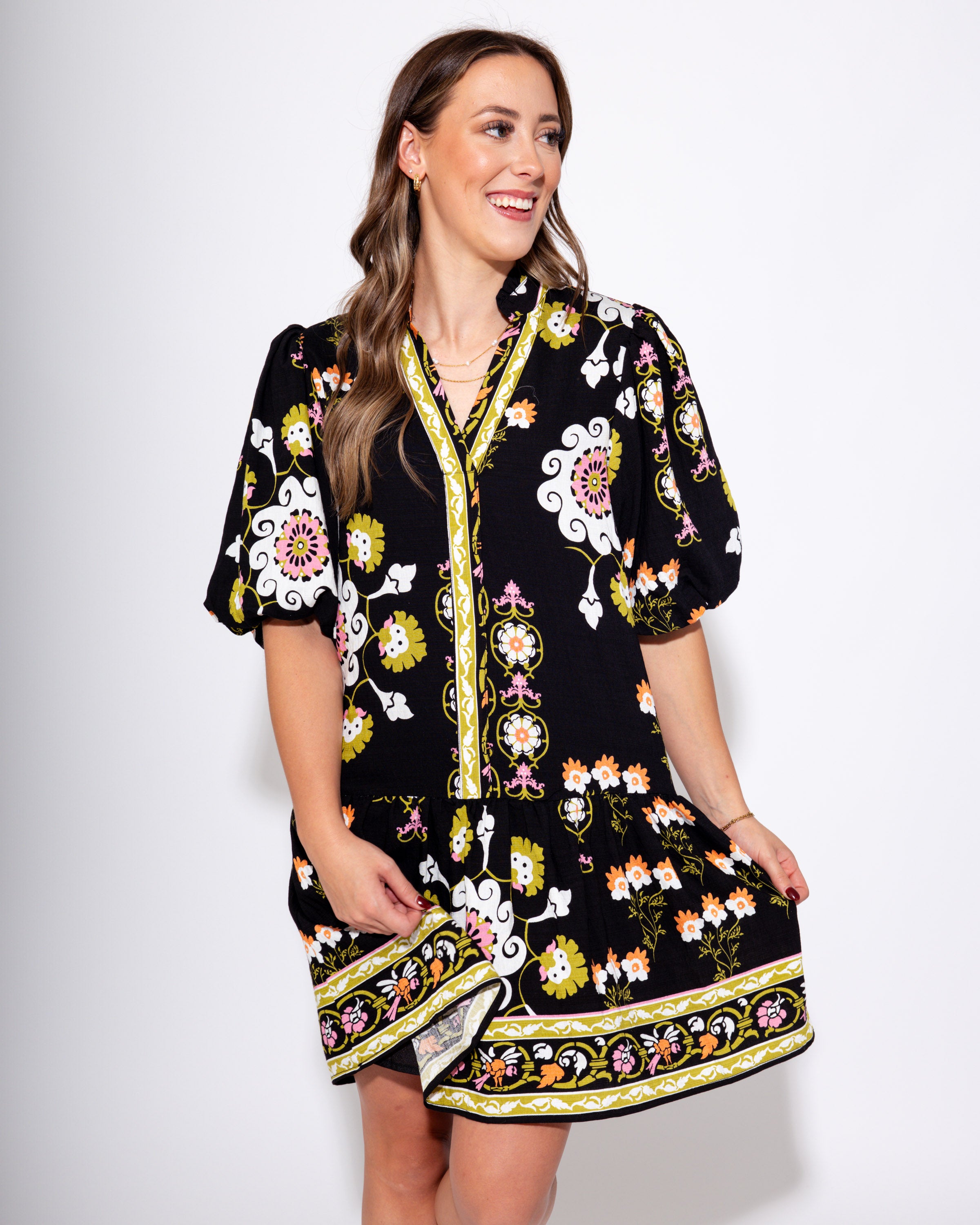 Midnight Blossom Puff Sleeve Dress