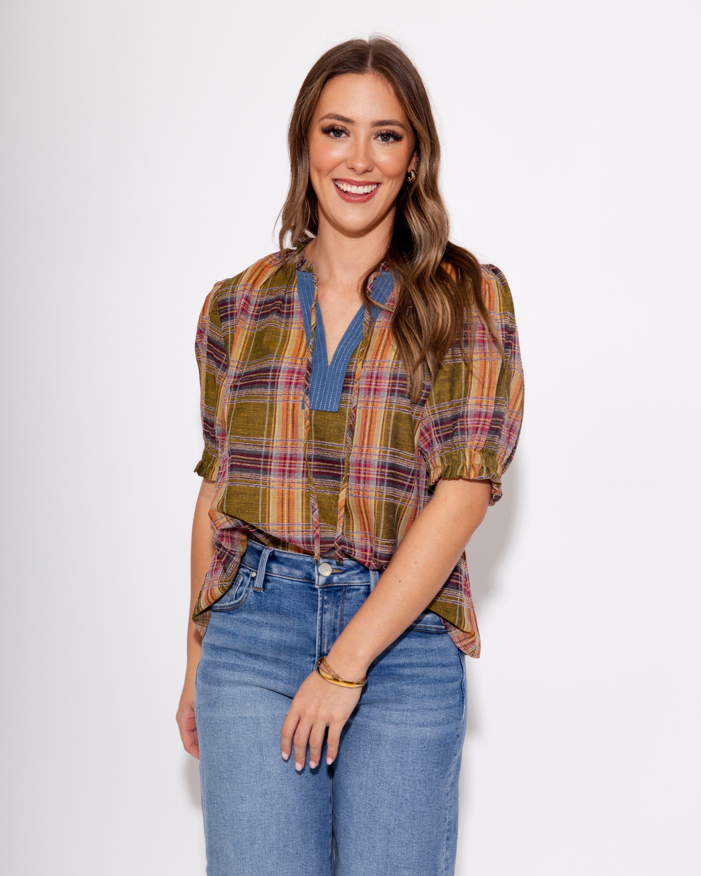 Color Pop Plaid Puff Sleeve Top