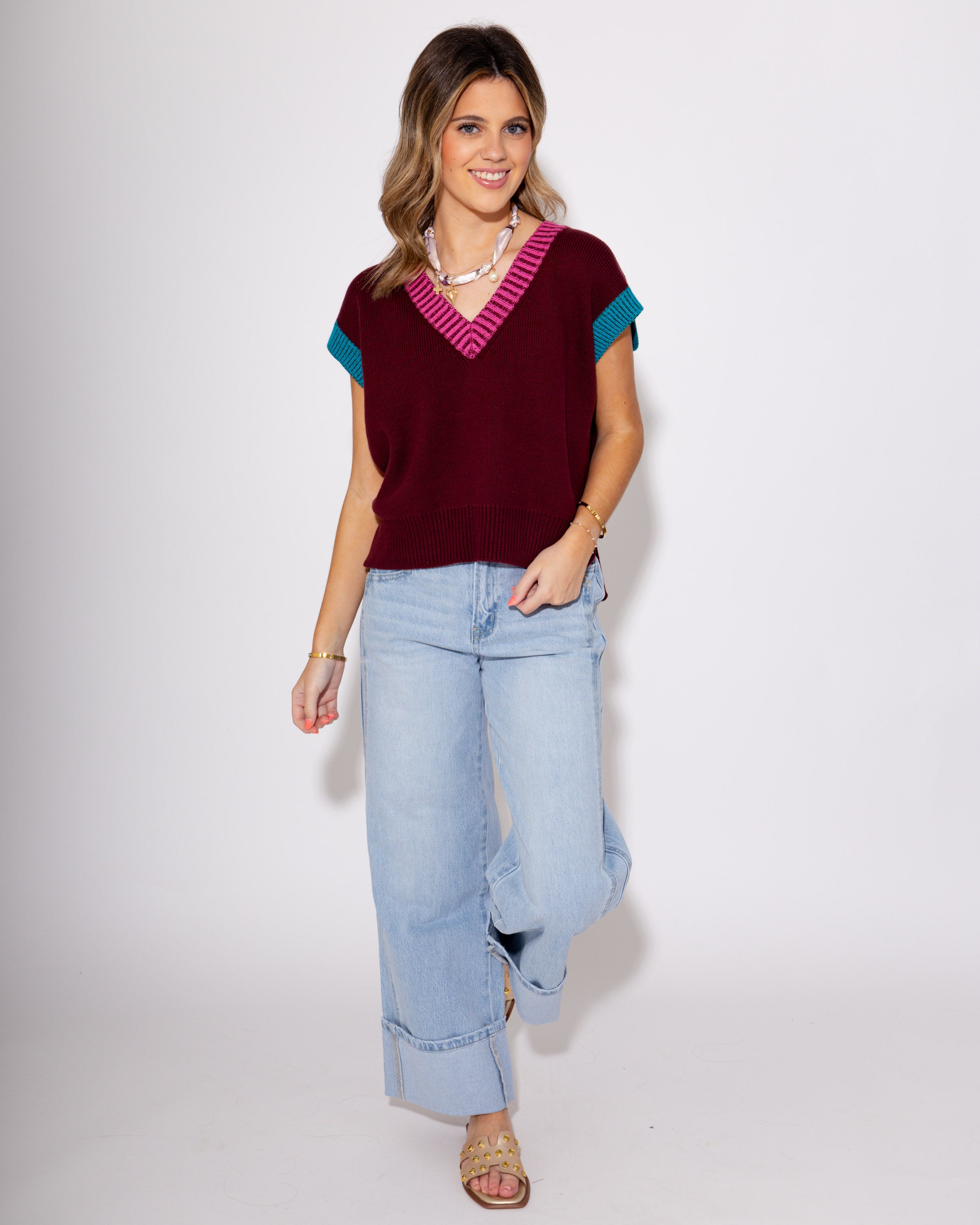 The Colorblock V-Neck Vest in Burgundy