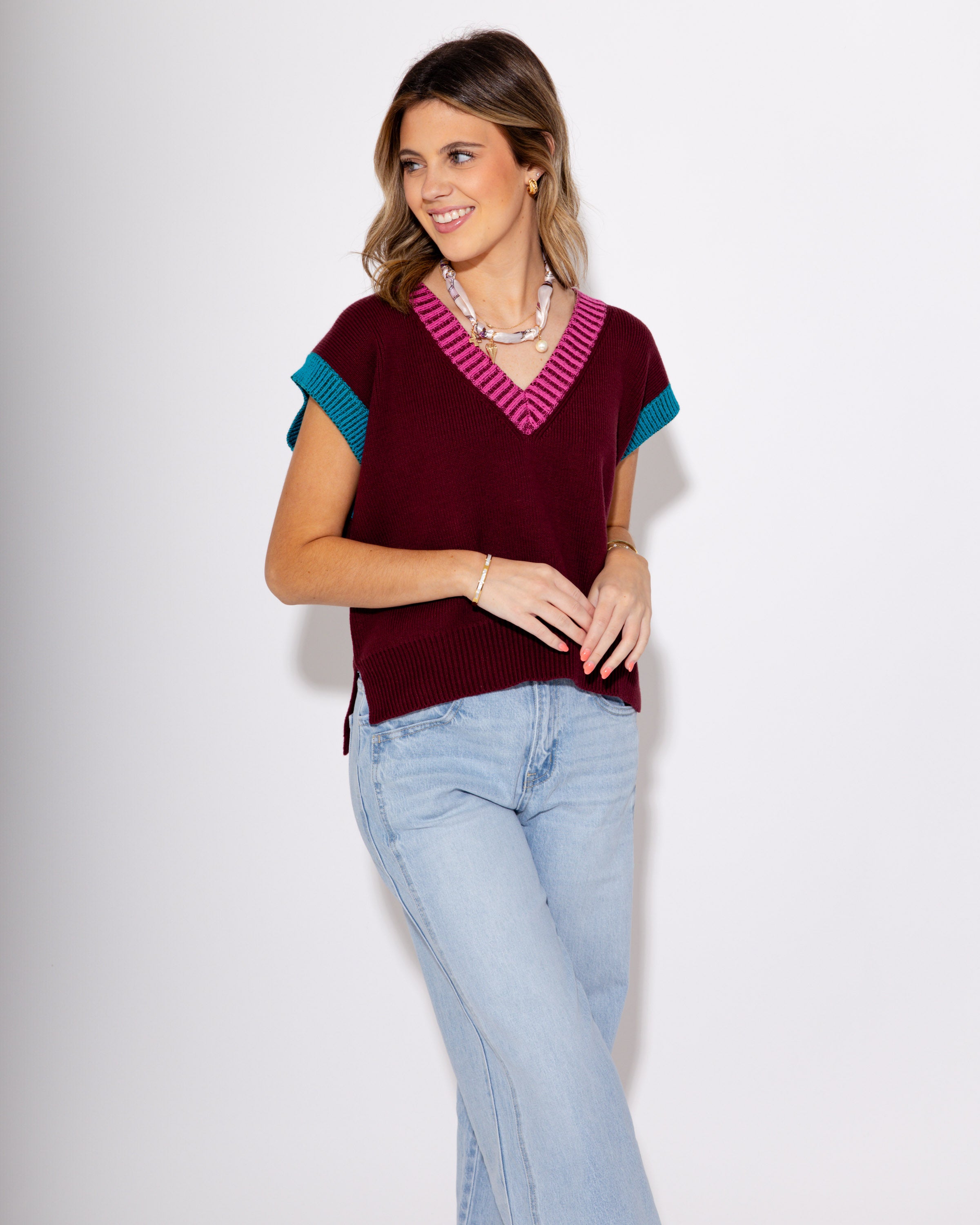 The Colorblock V-Neck Vest in Burgundy