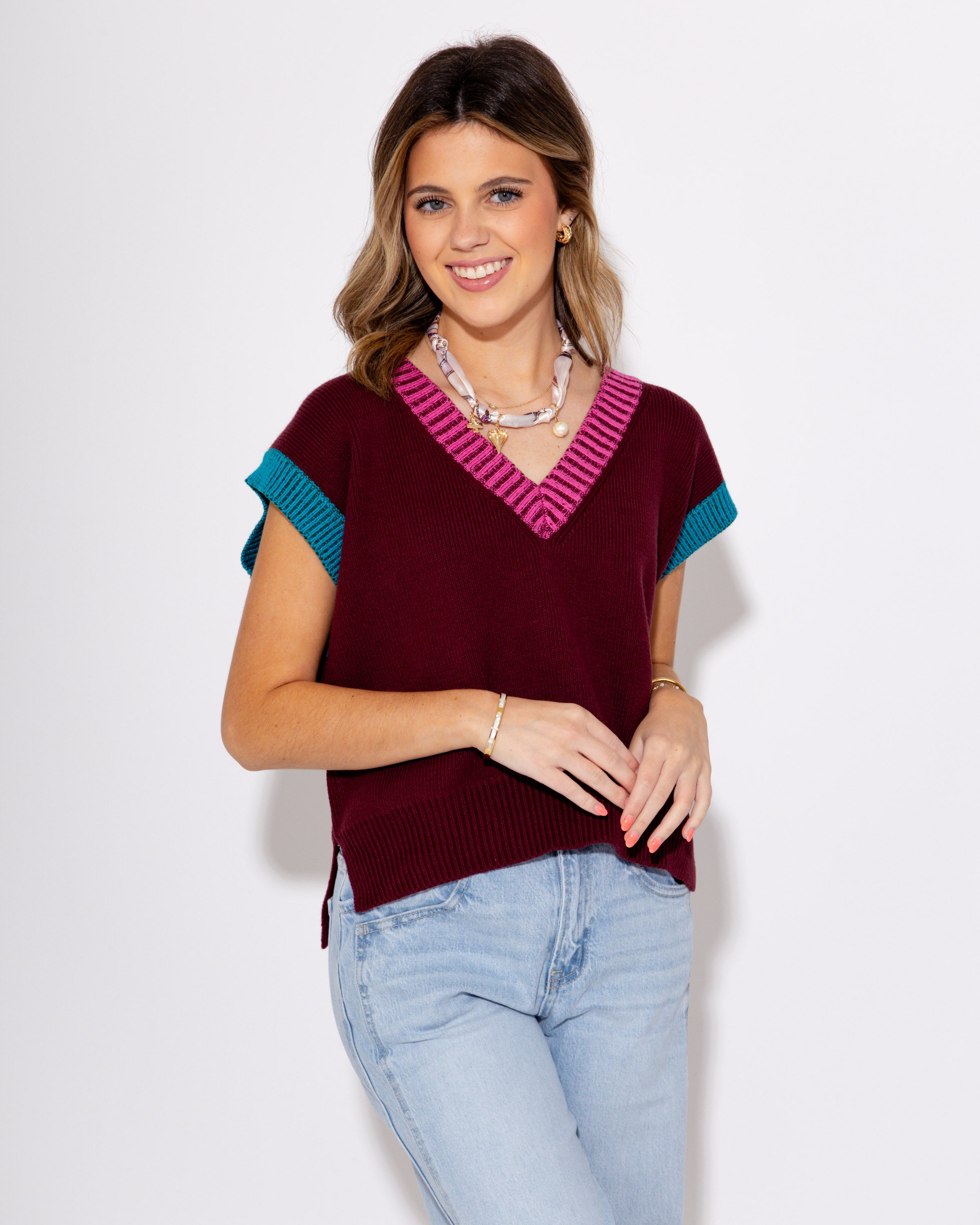 The Colorblock V-Neck Vest in Burgundy