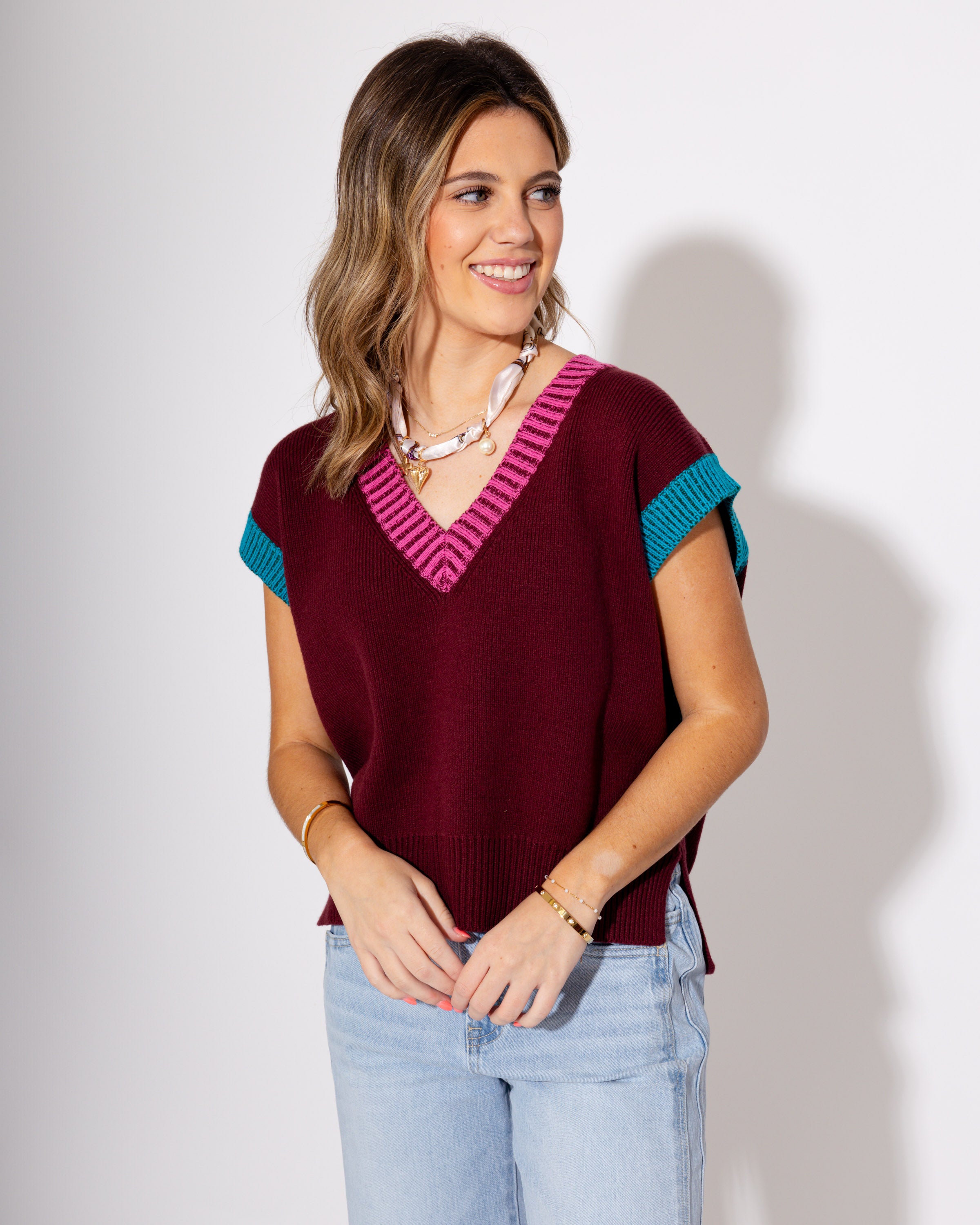 The Colorblock V-Neck Vest in Burgundy
