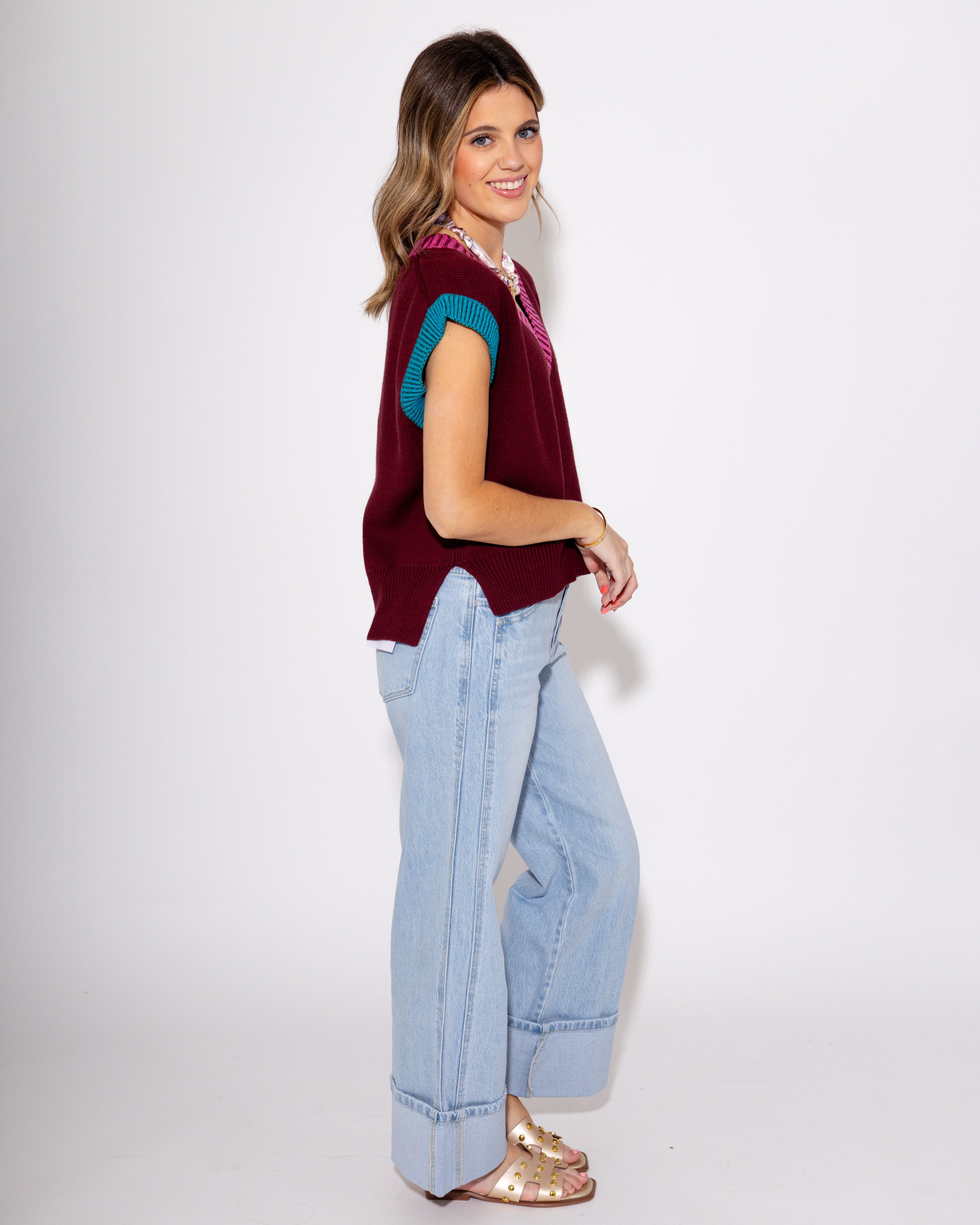 The Colorblock V-Neck Vest in Burgundy