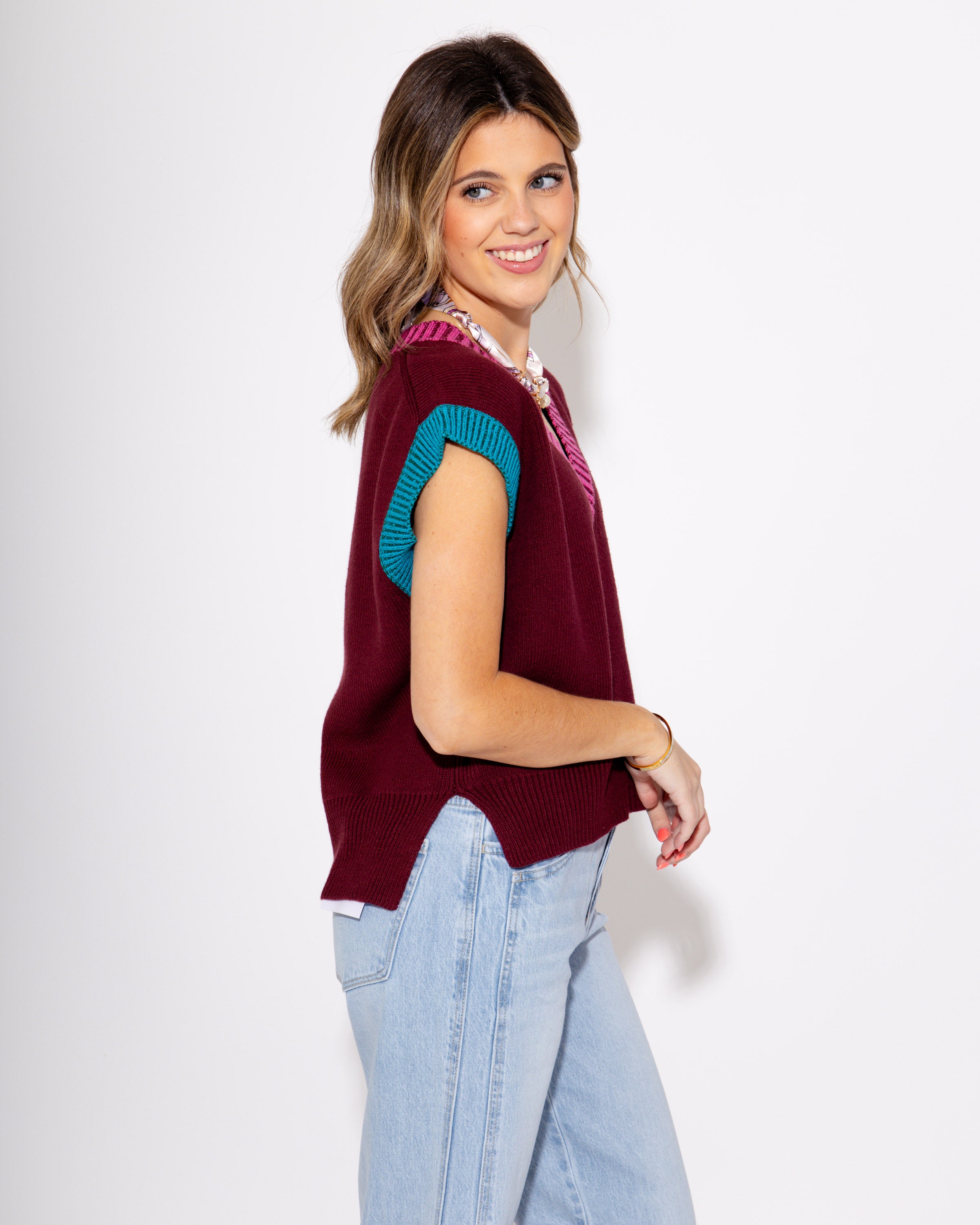The Colorblock V-Neck Vest in Burgundy