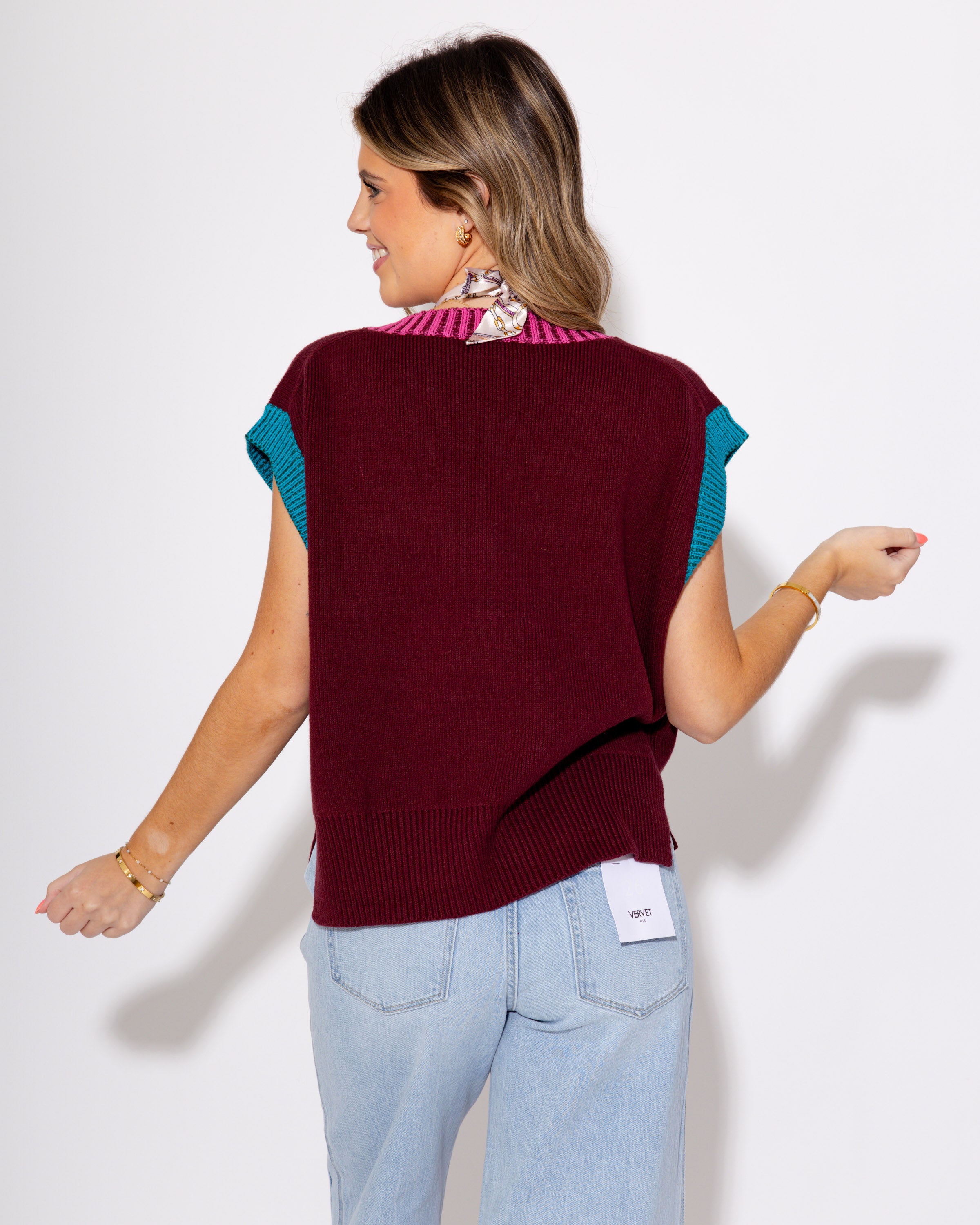 The Colorblock V-Neck Vest in Burgundy