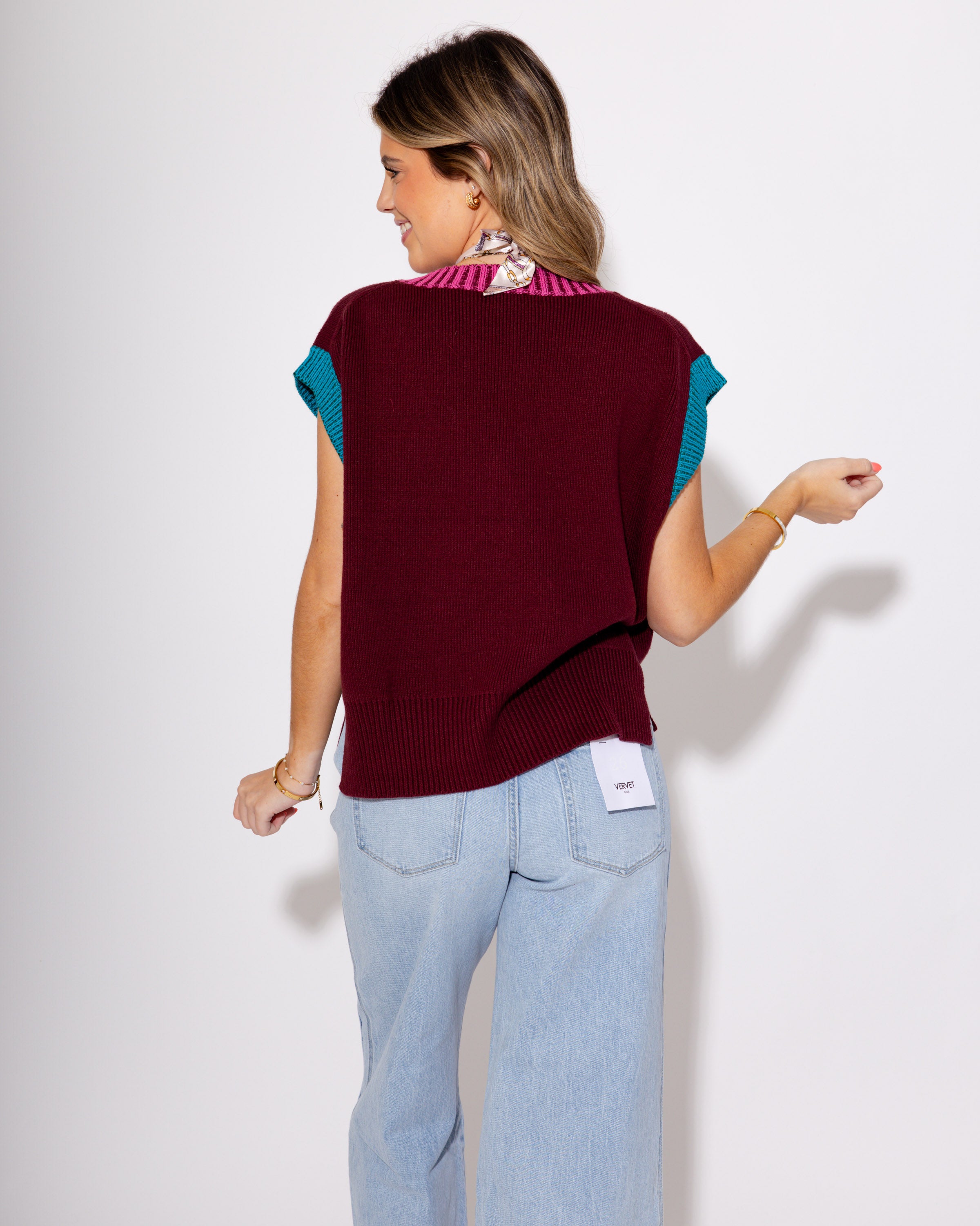The Colorblock V-Neck Vest in Burgundy
