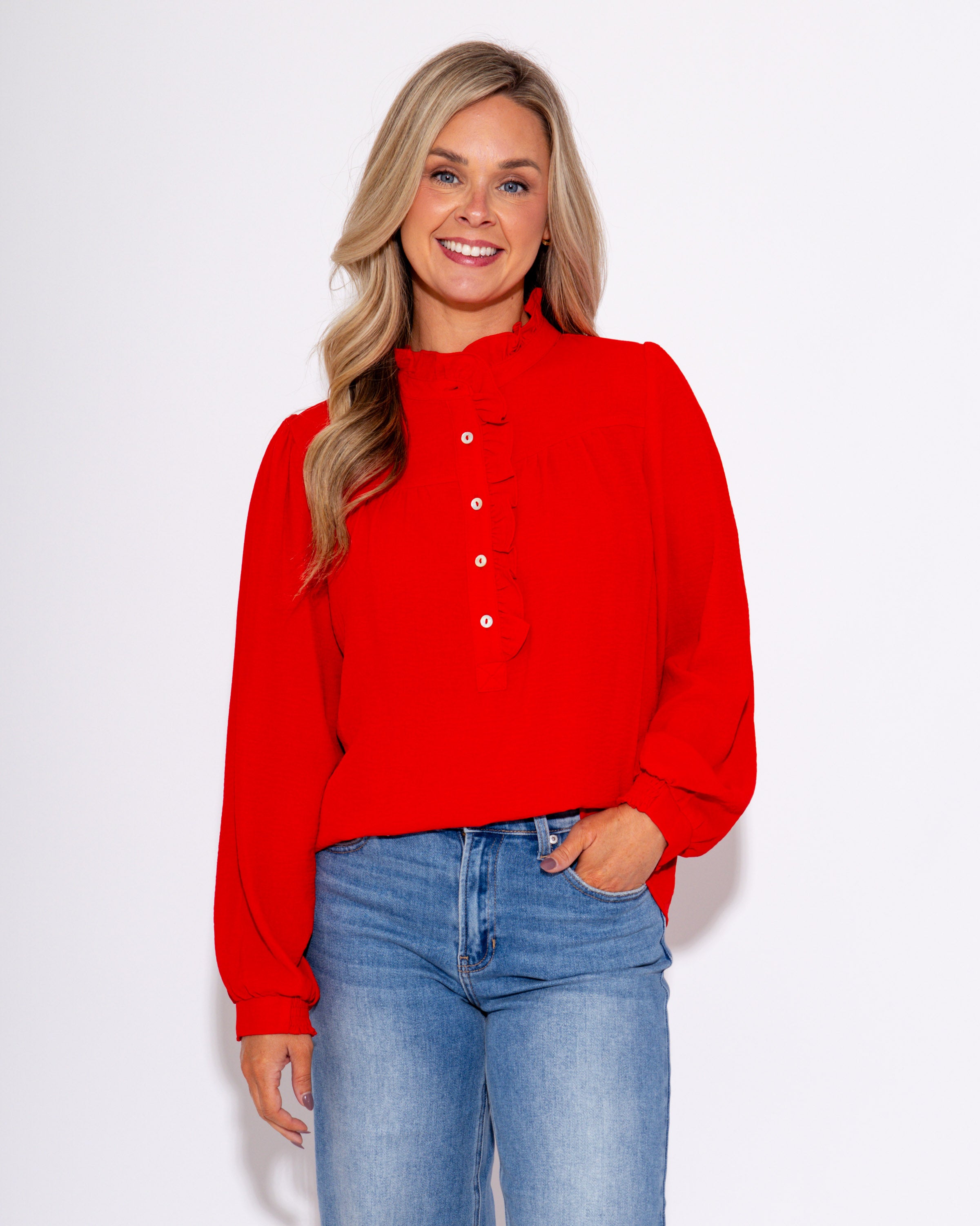 The Refined Ruffle Top in Red