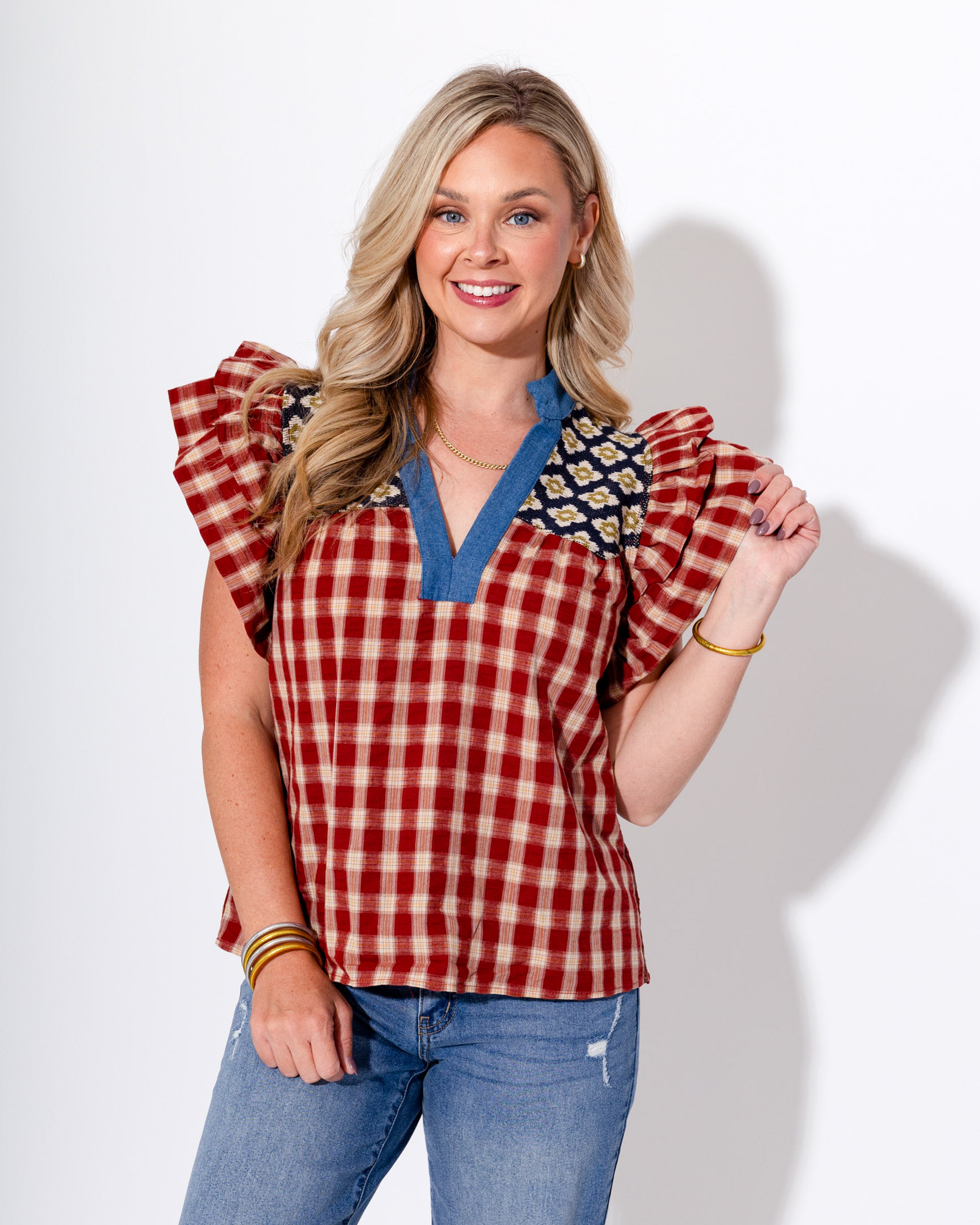 Mixed Print Flutter Sleeve Top