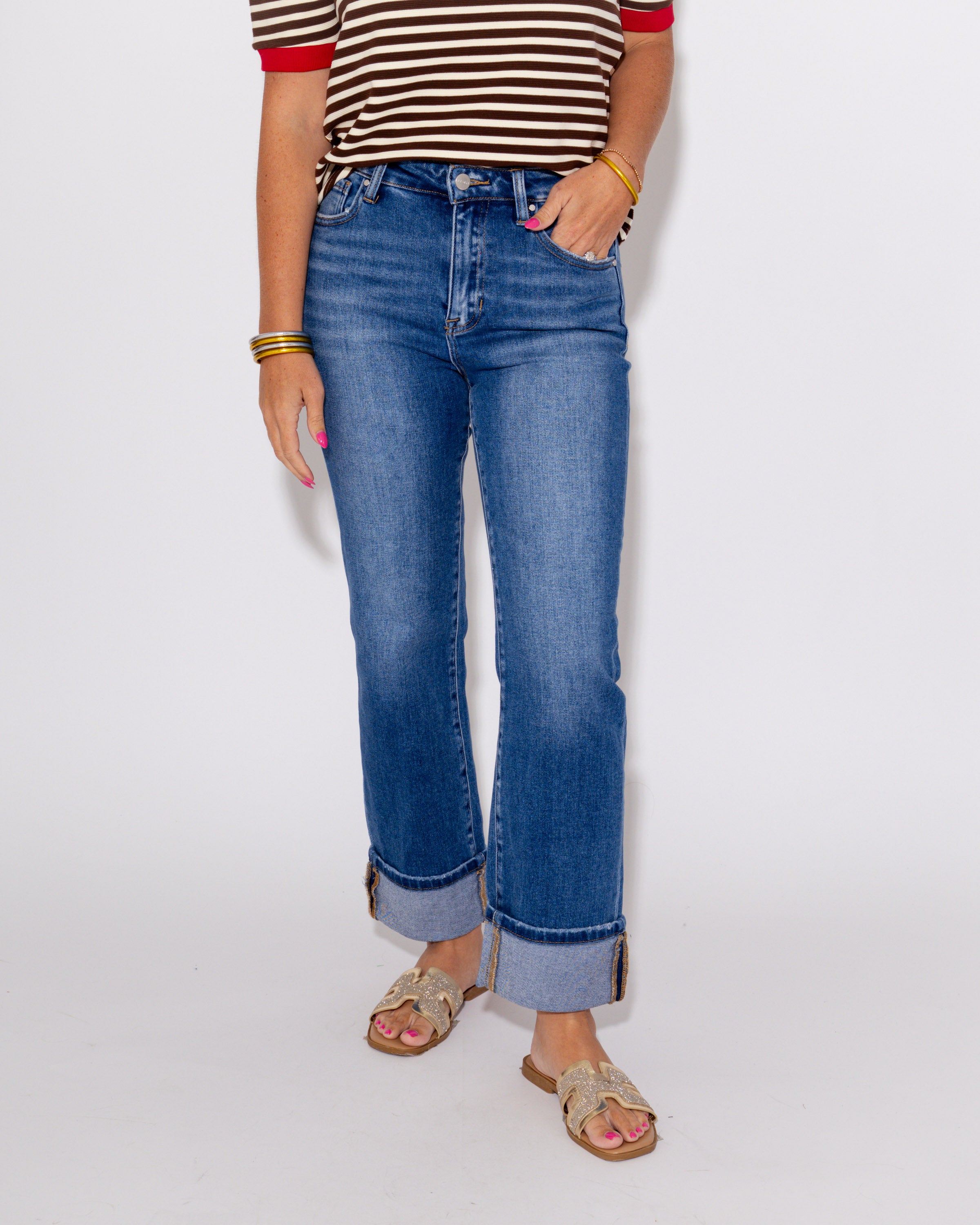 High Rise Ankle Straight Cuffed Jeans in Medium