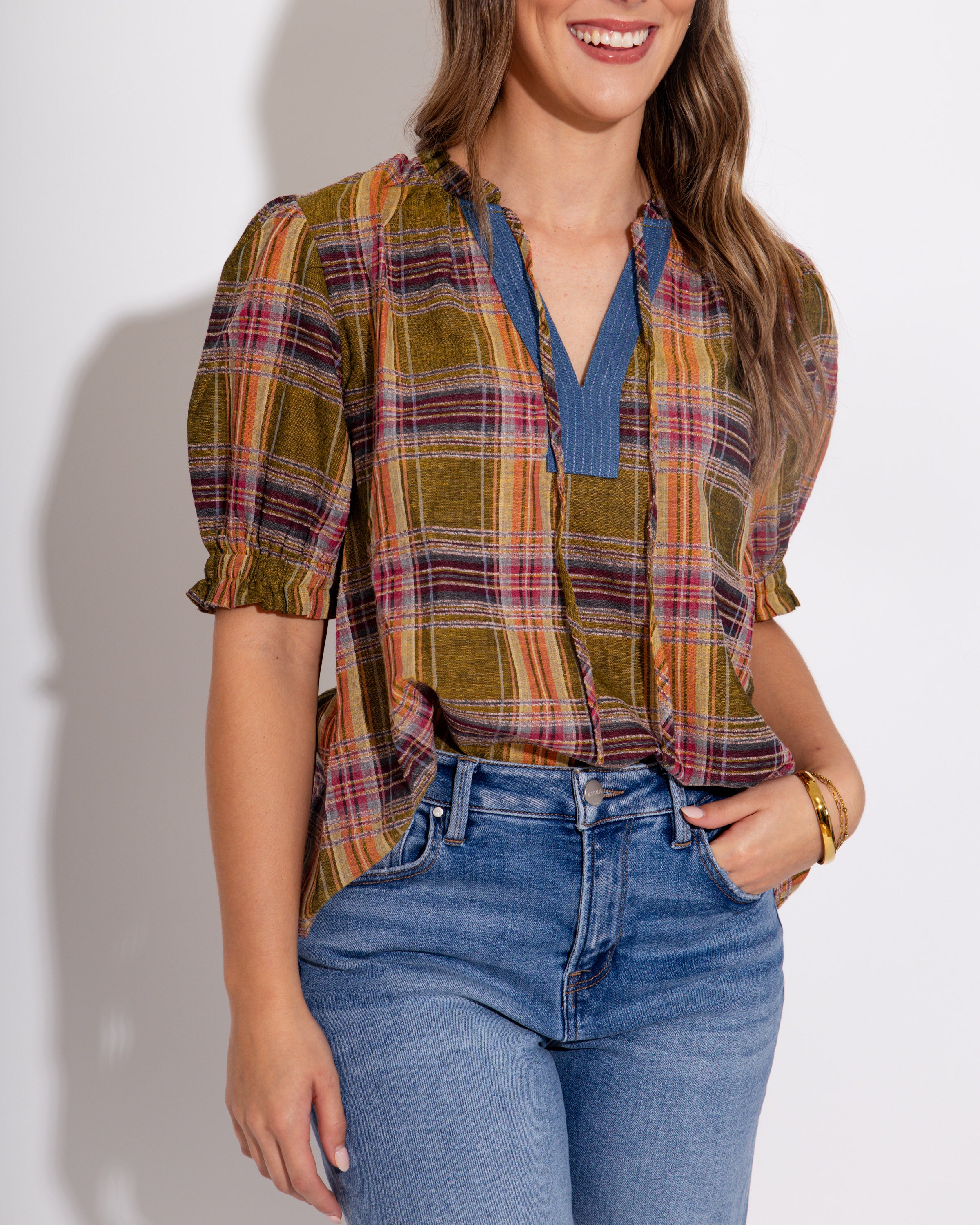 Color Pop Plaid Puff Sleeve Top
