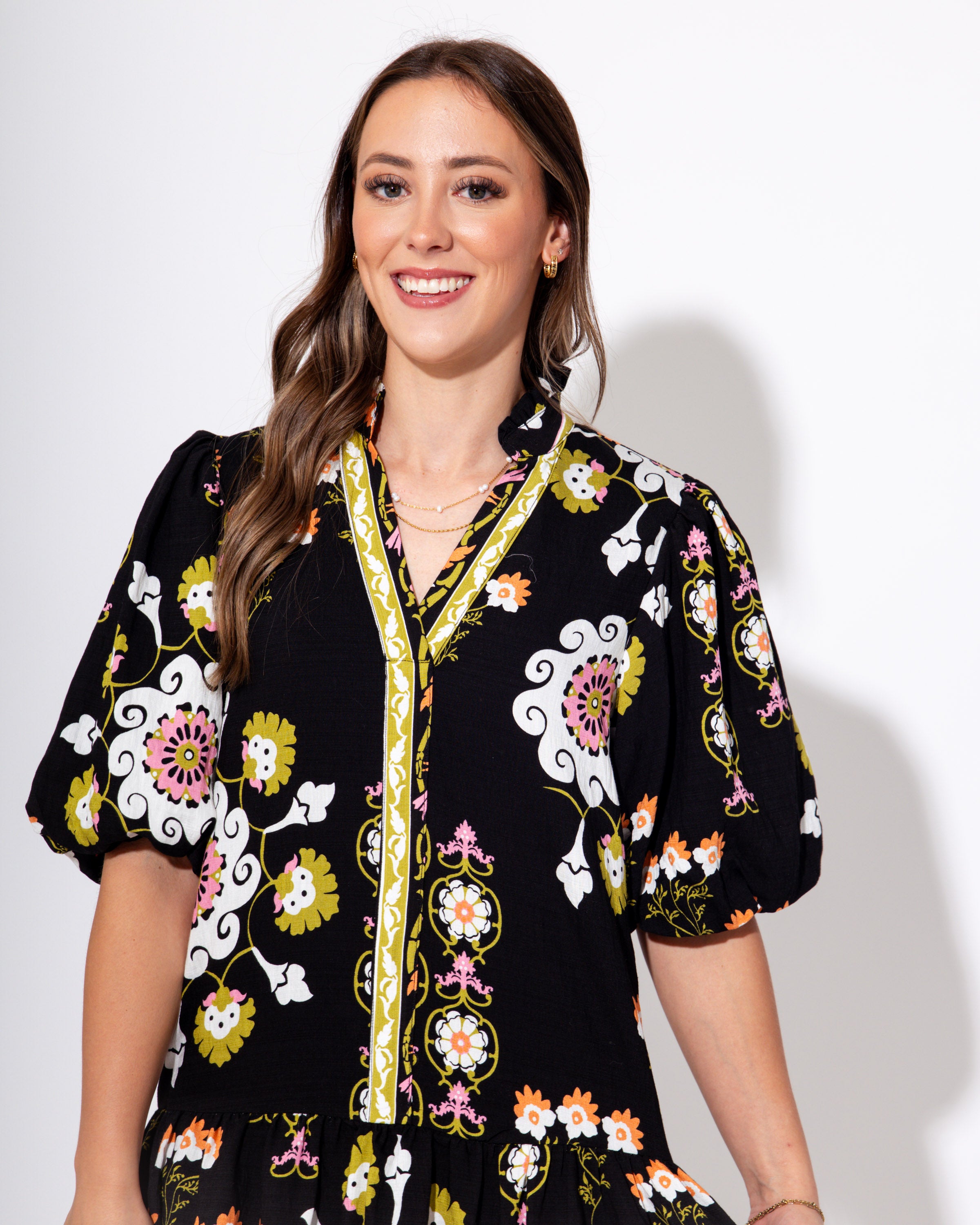 Midnight Blossom Puff Sleeve Dress