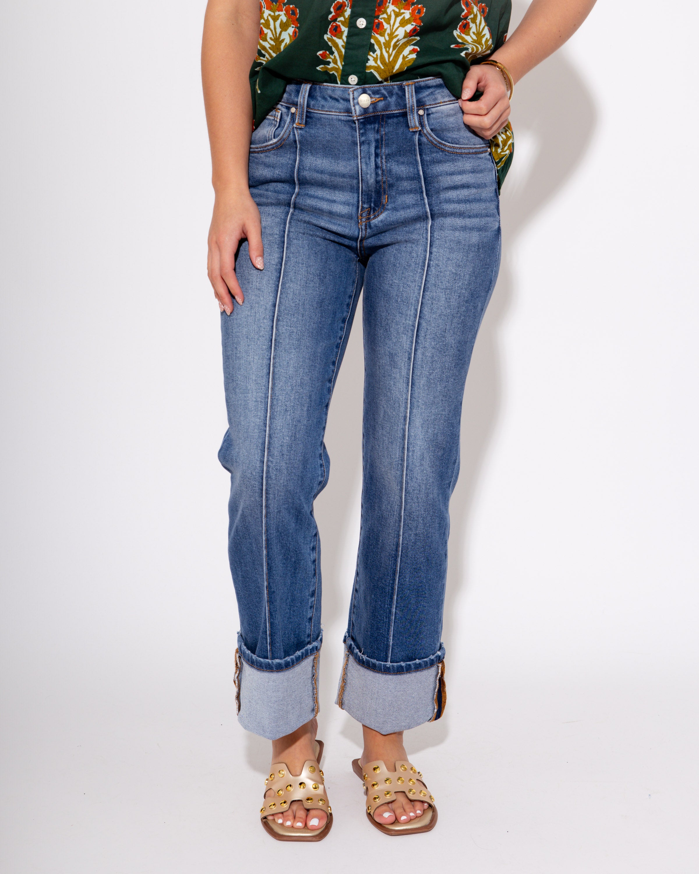High Rise Ankle Straight Wide Cuffed Jean in Medium