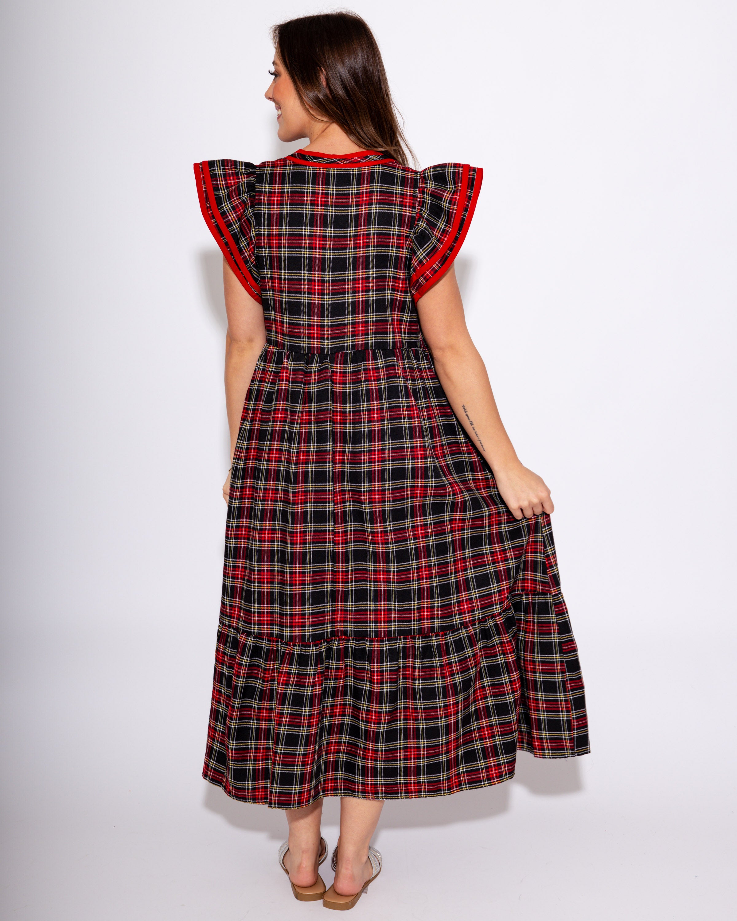 Plaid Flutter Sleeve Midi Dress