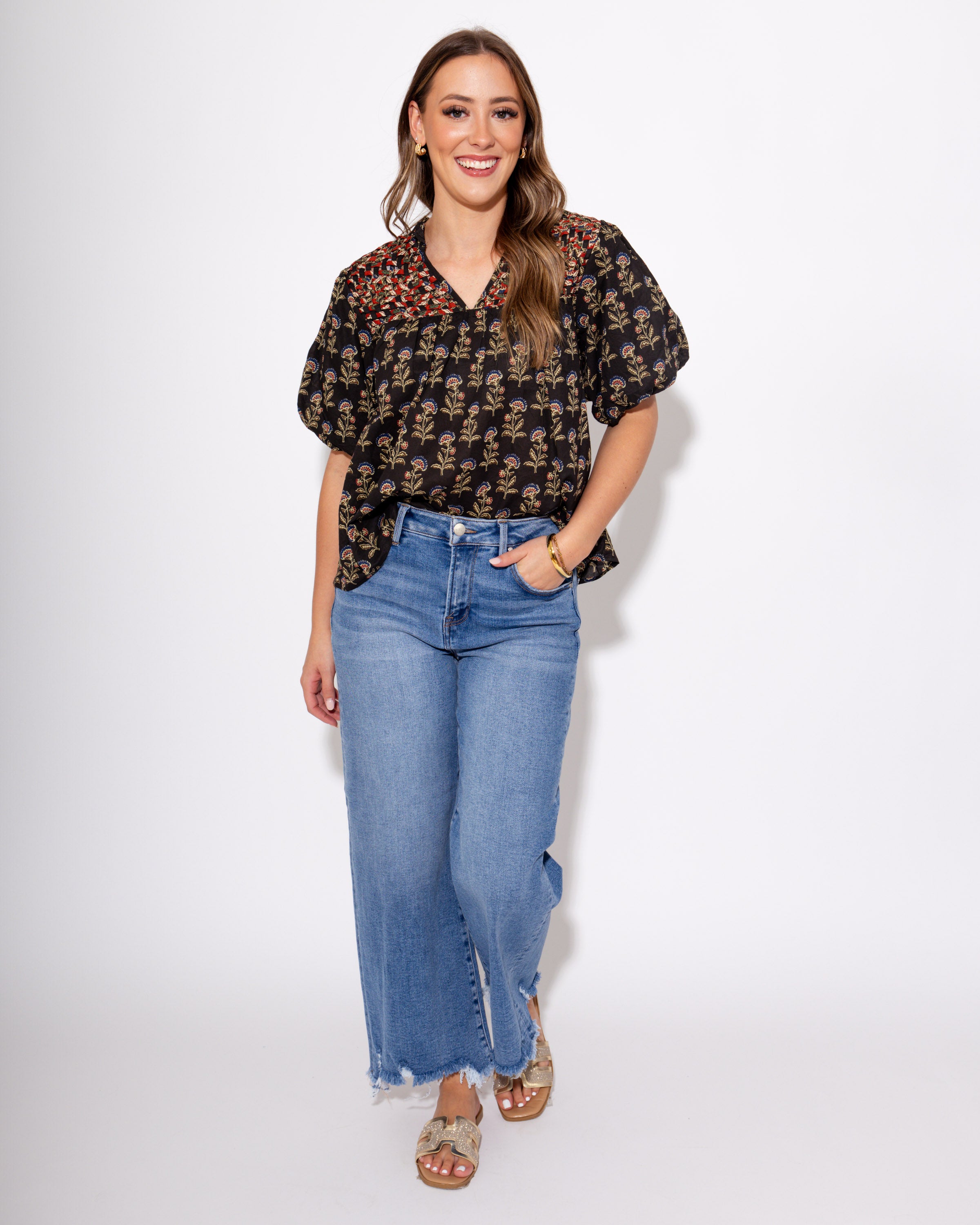 Woven Detail Floral Puff Sleeve Top