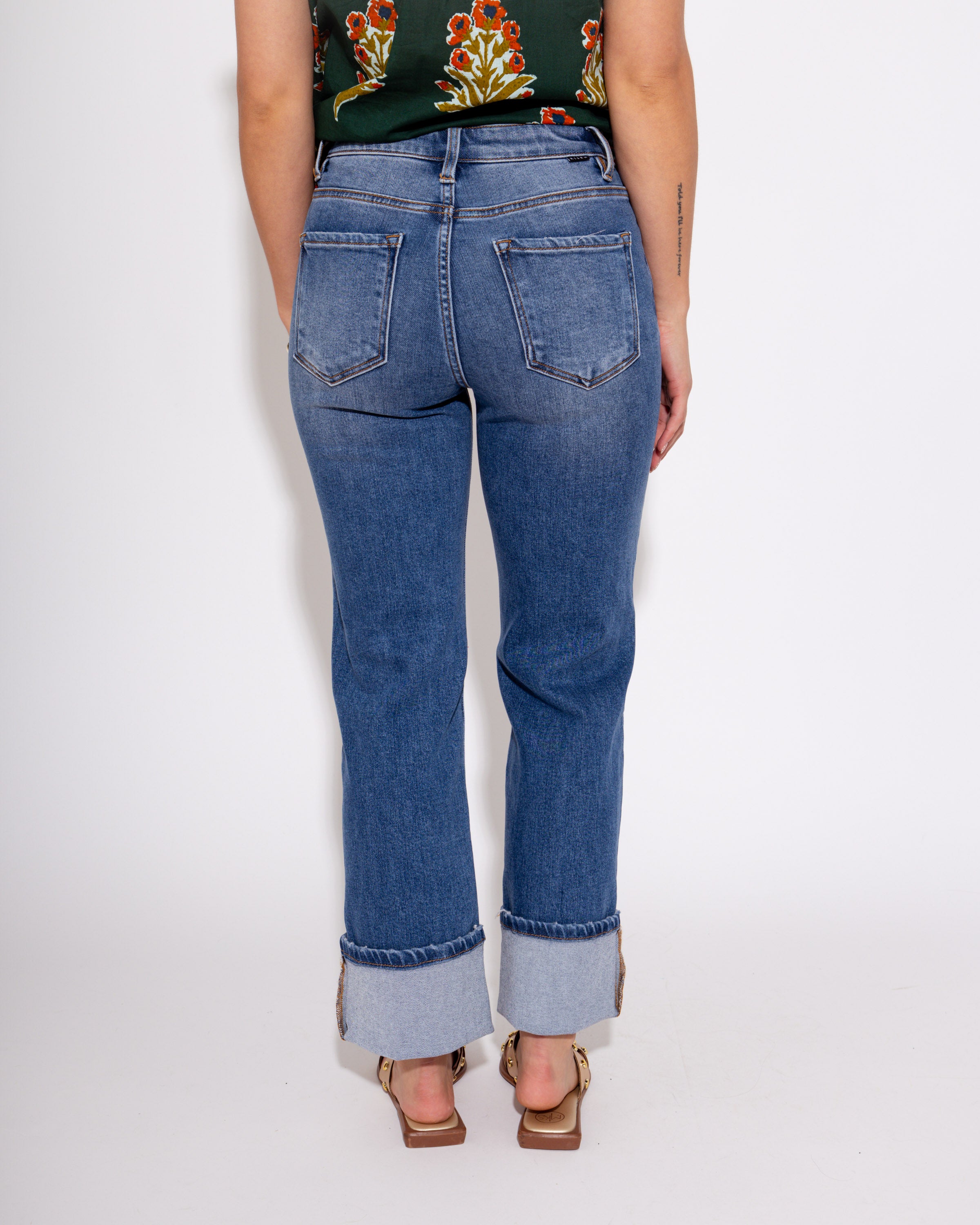 High Rise Ankle Straight Wide Cuffed Jean in Medium
