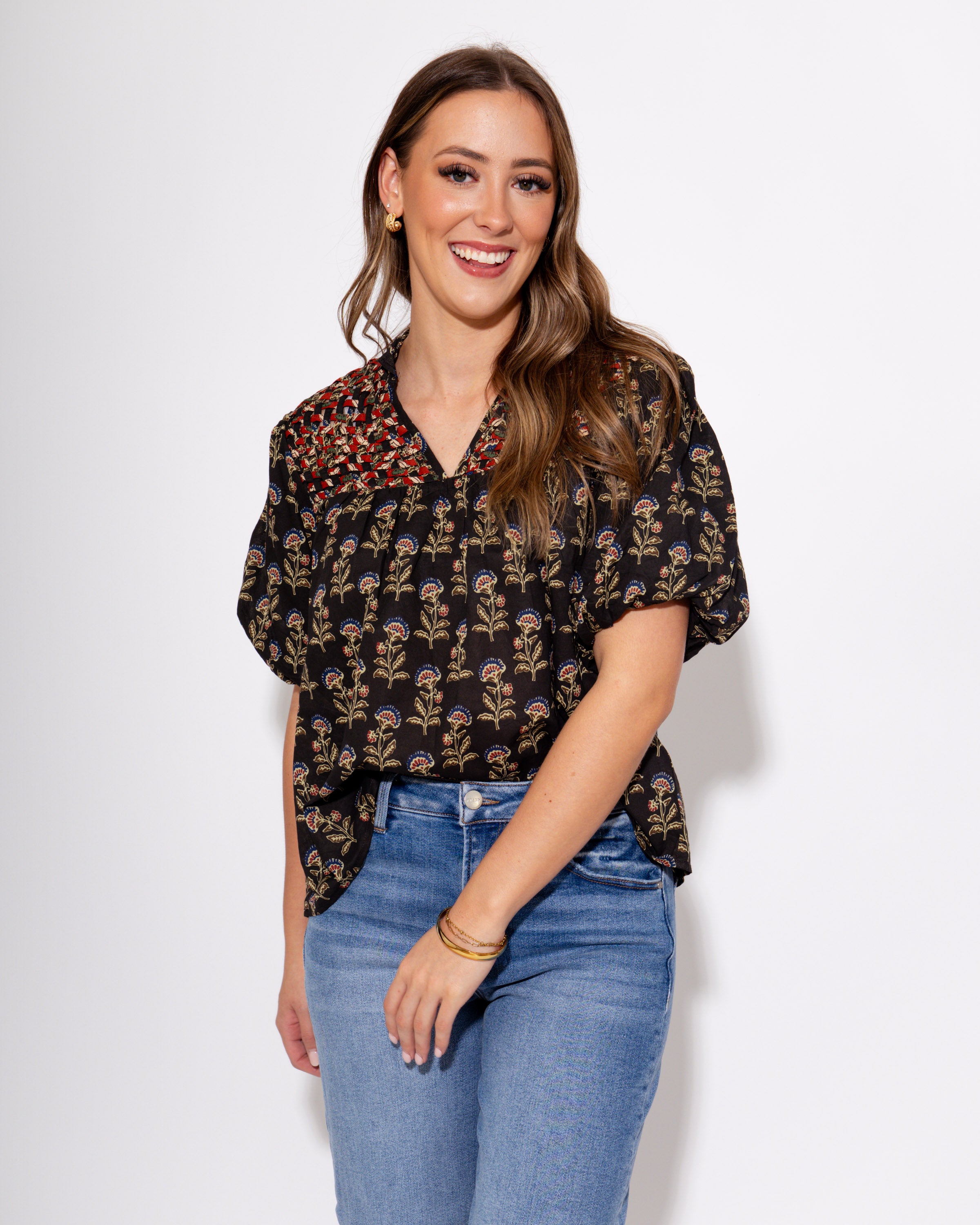 Woven Detail Floral Puff Sleeve Top