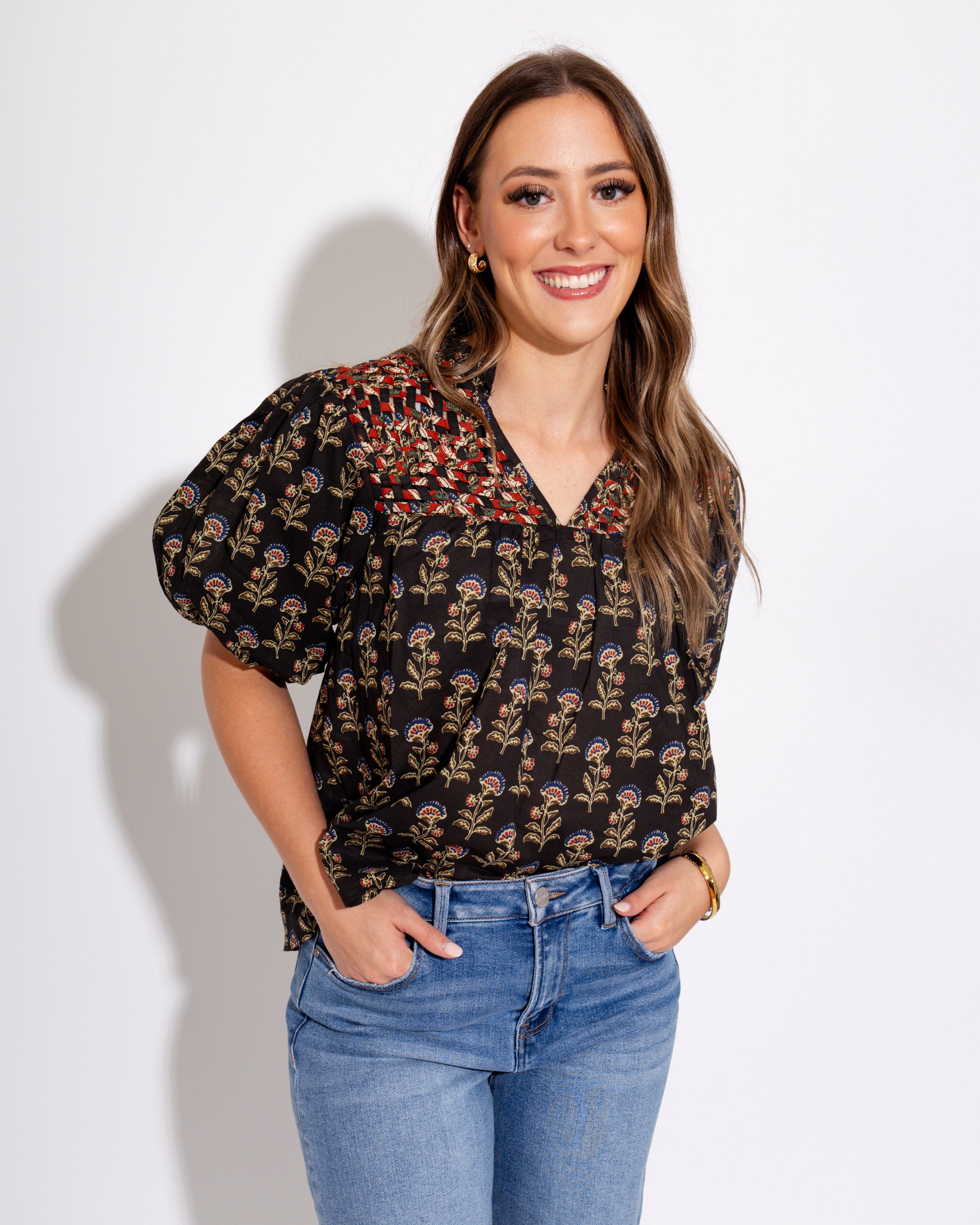 Woven Detail Floral Puff Sleeve Top