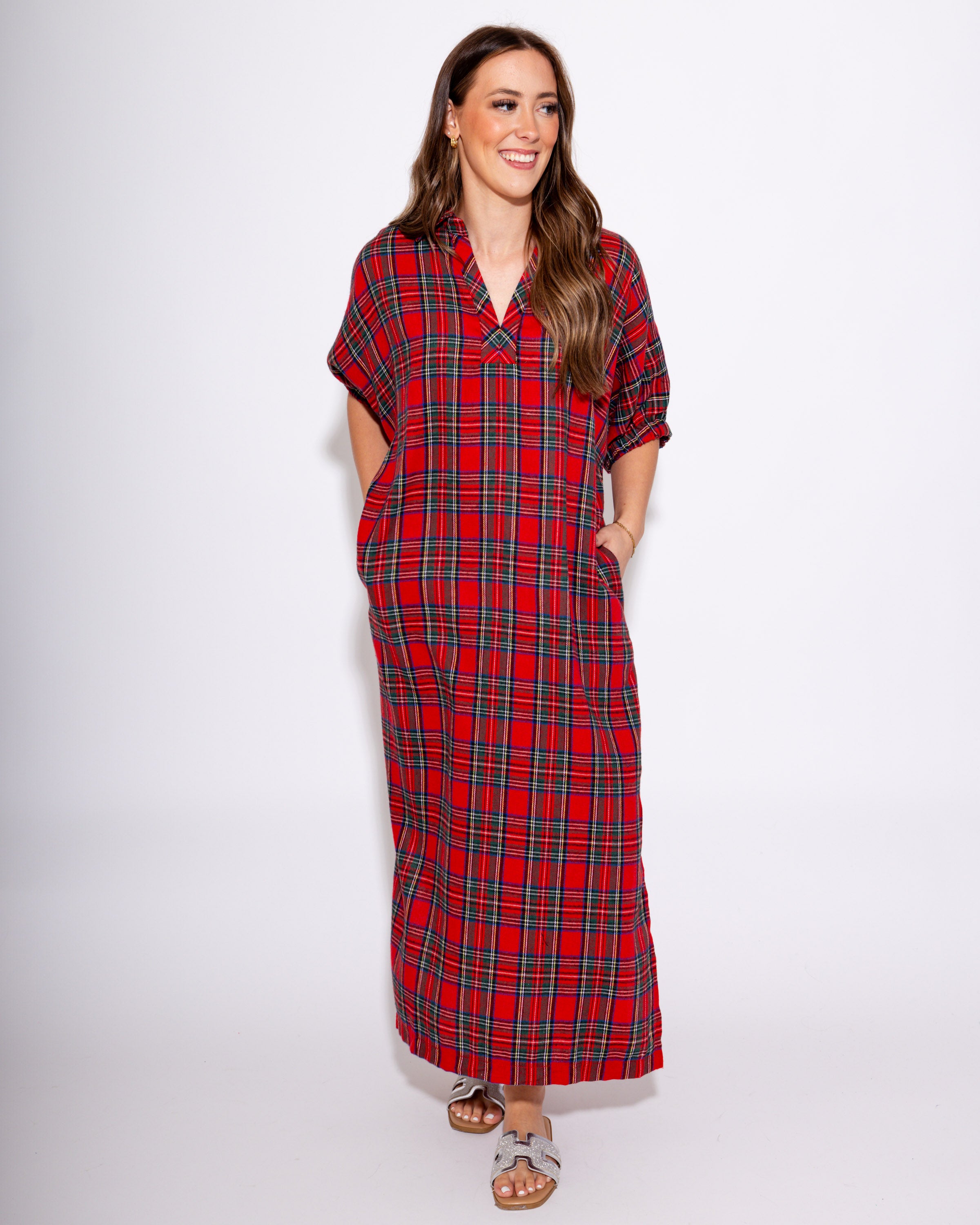 Red Plaid Midi Dress
