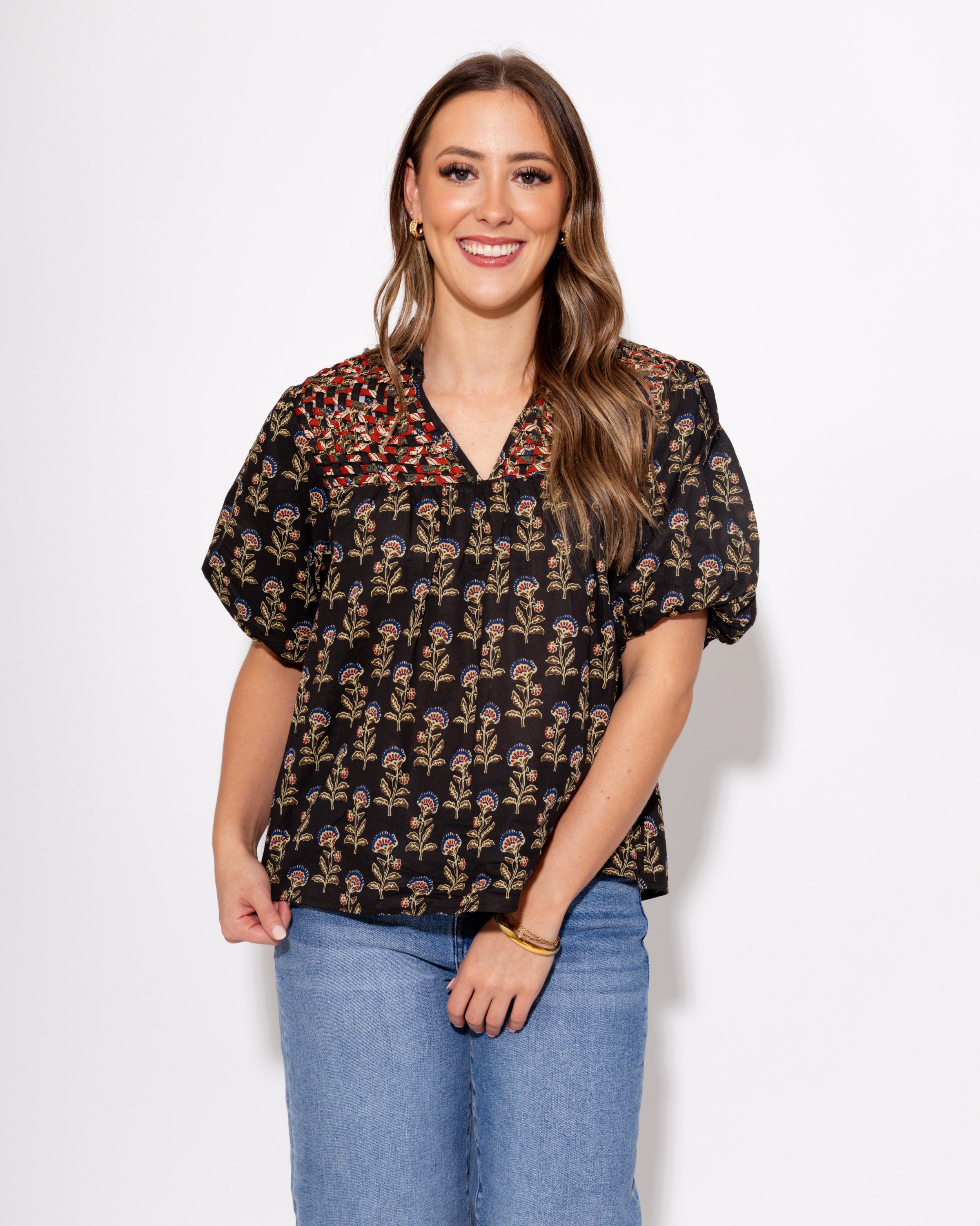 Woven Detail Floral Puff Sleeve Top