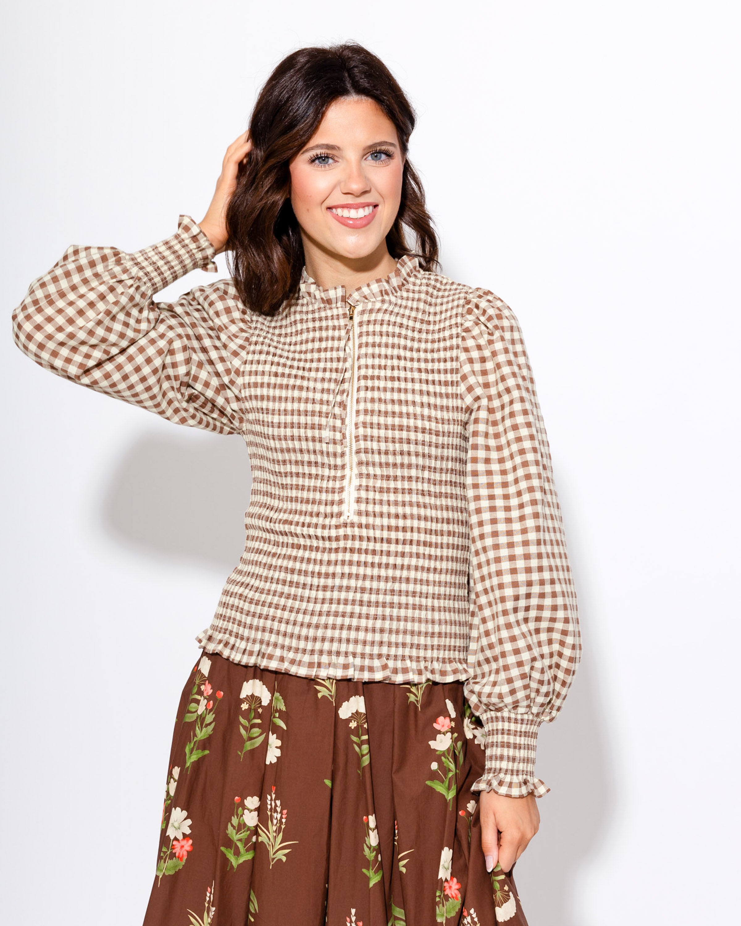 Gingham Glow Zip Front Top