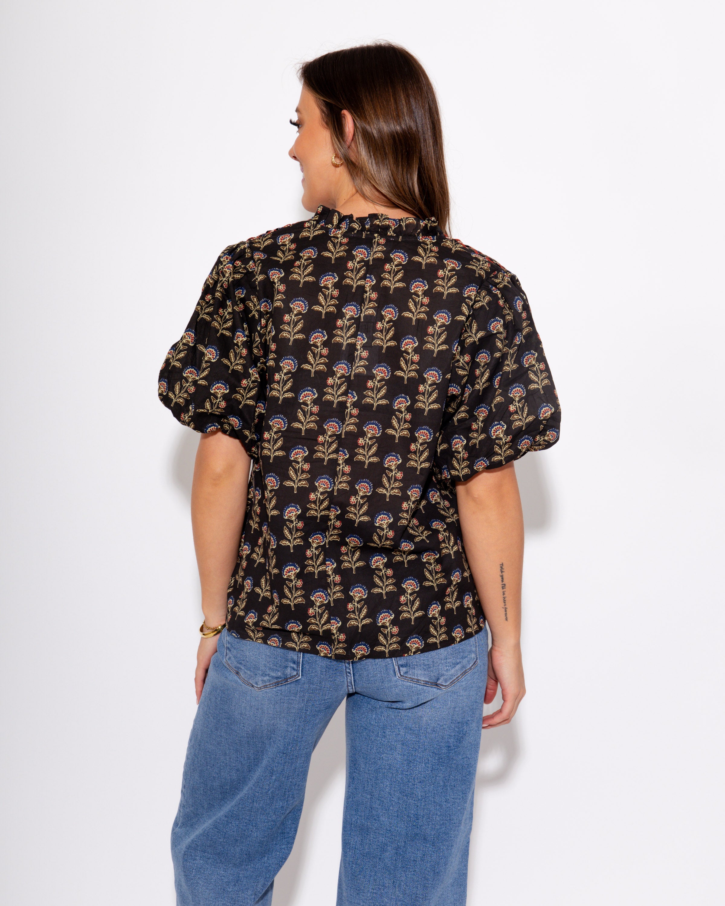 Woven Detail Floral Puff Sleeve Top