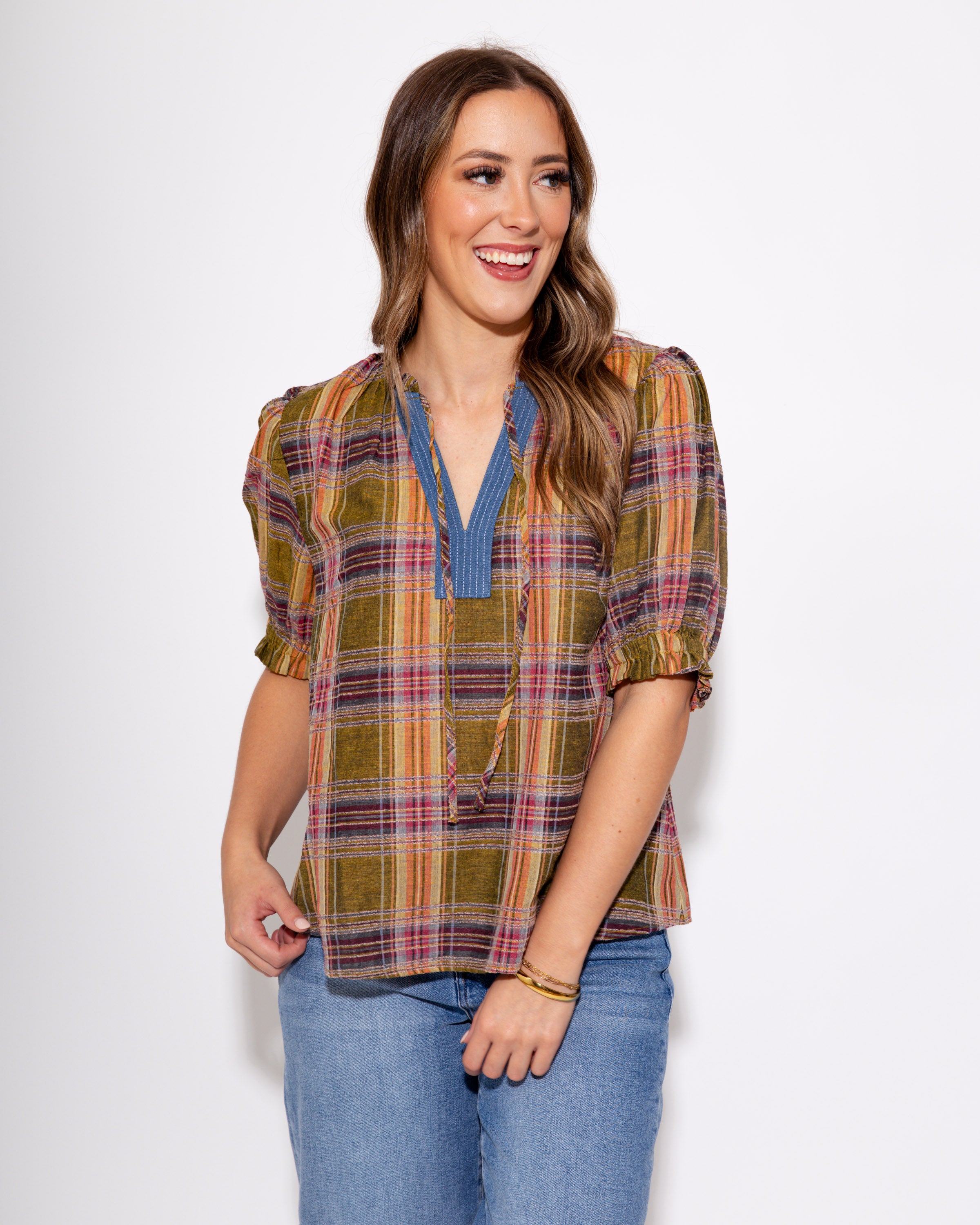 Color Pop Plaid Puff Sleeve Top