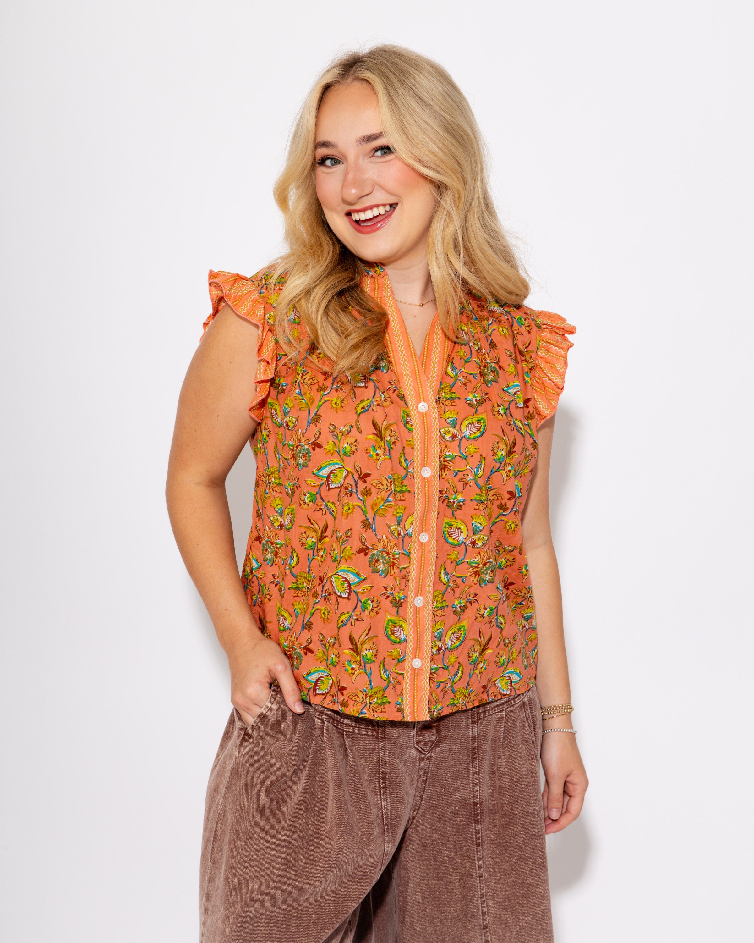 Coral Floral Crush Ruffle Top