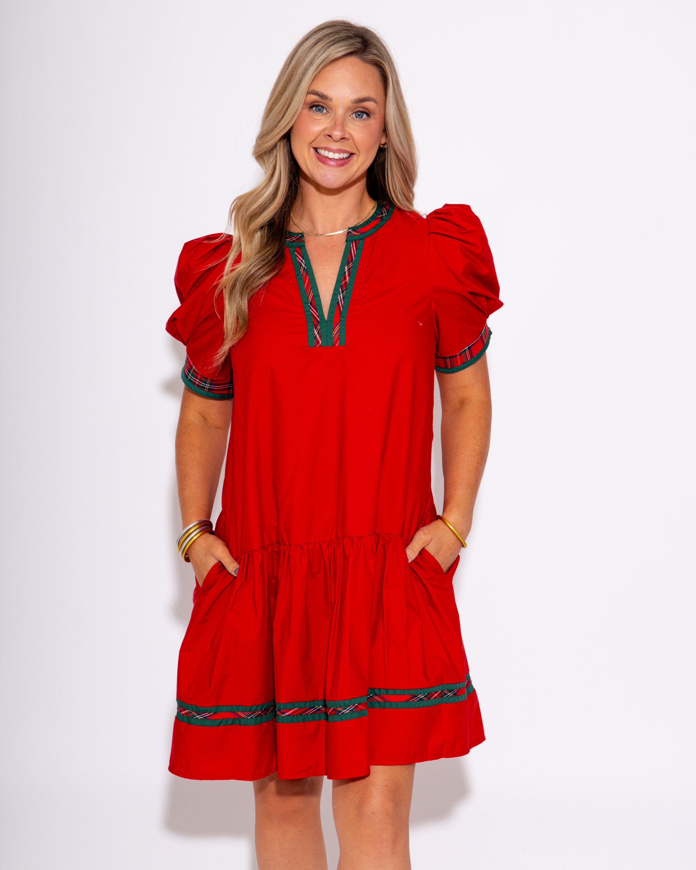 Festive Plaid Trim Mini Dress