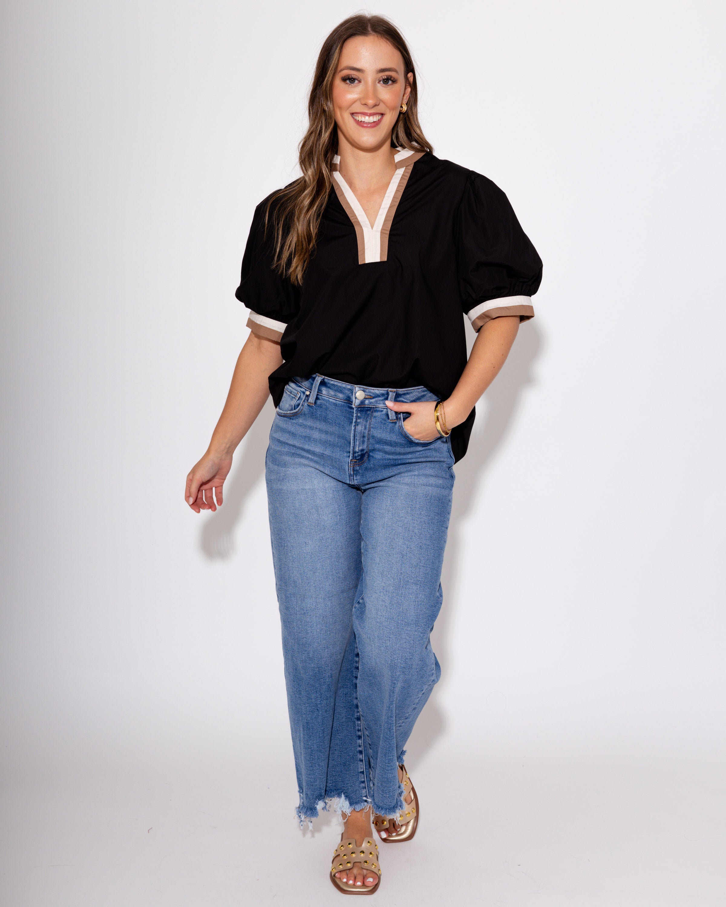 Mocha and Off White Collared Black Top