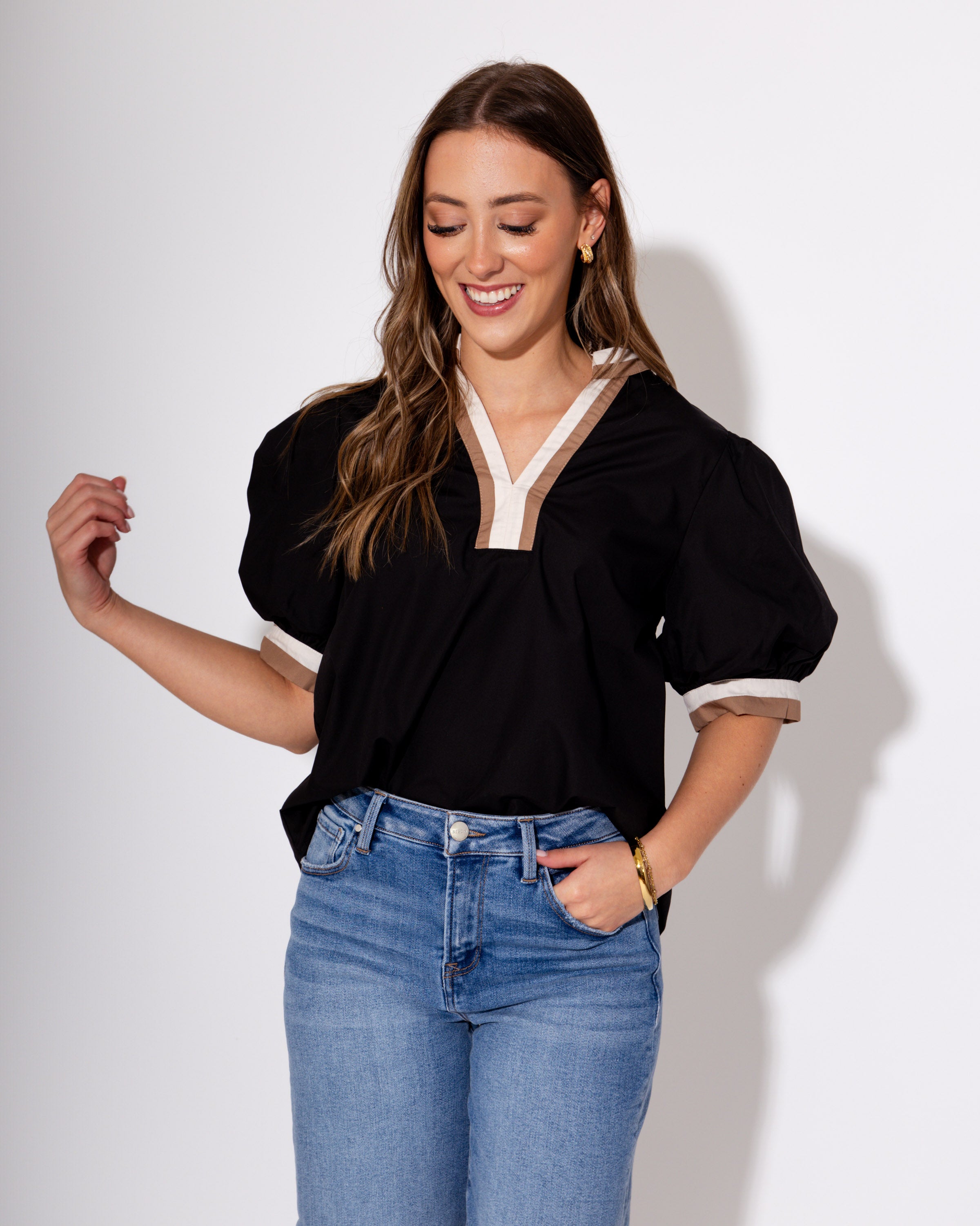 Mocha and Off White Collared Black Top