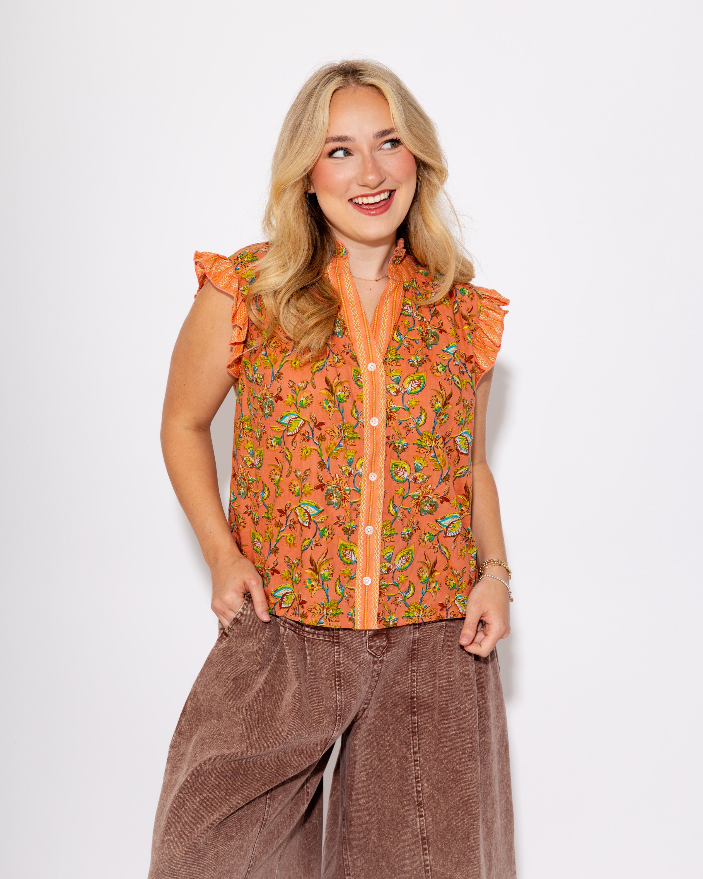 Coral Floral Crush Ruffle Top