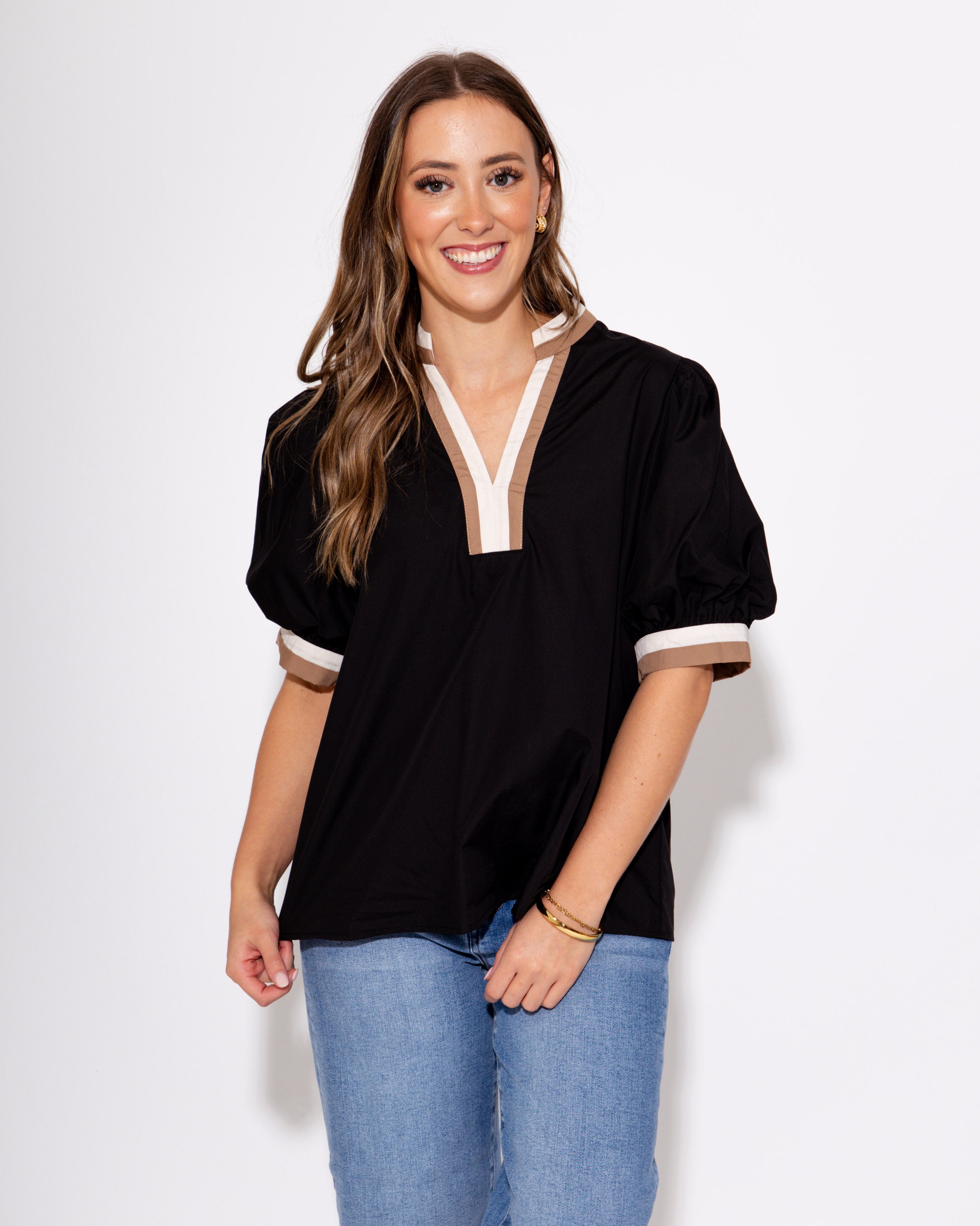 Mocha and Off White Collared Black Top