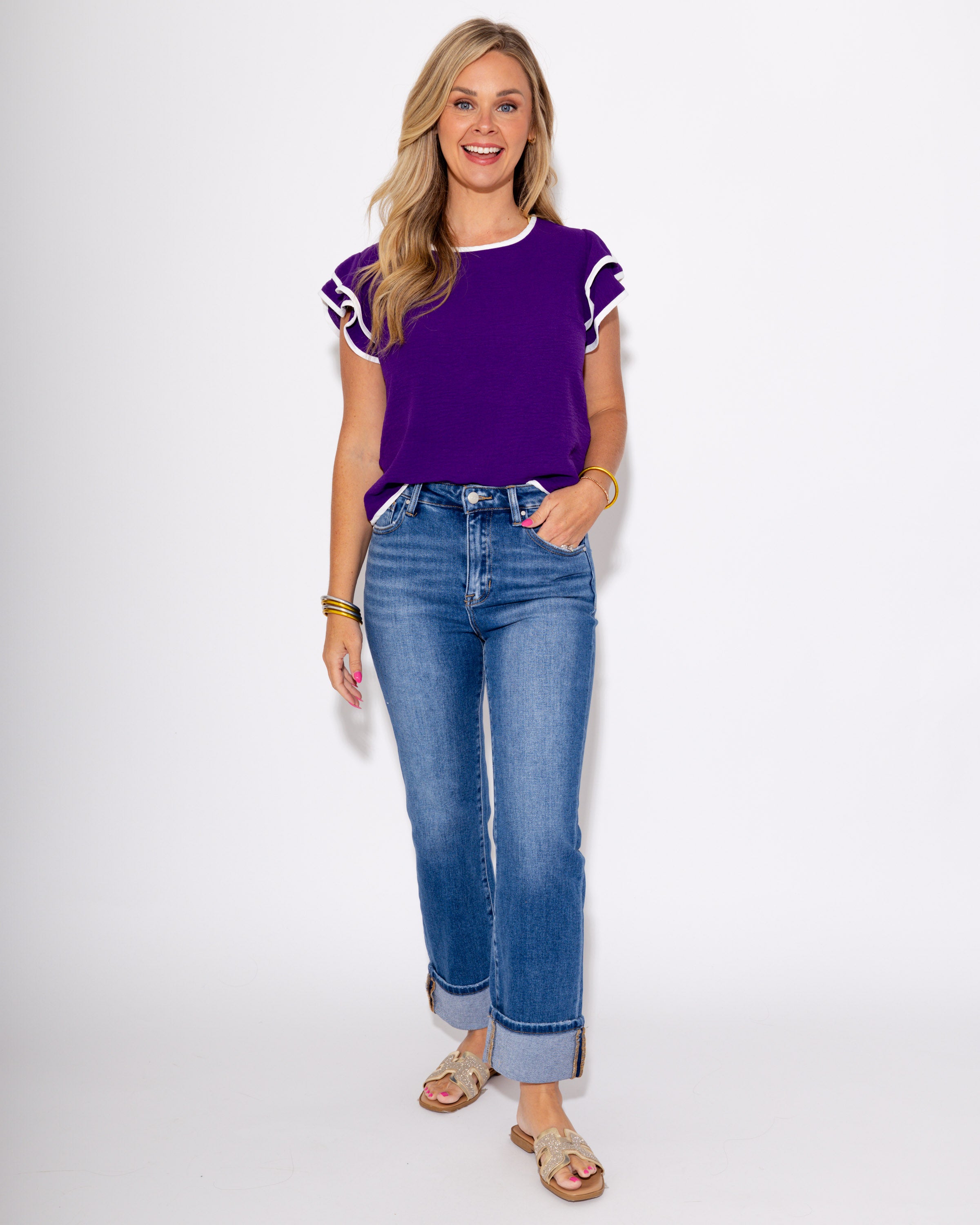 Game Day Ruffle Sleeve Contrast Piping Top in Purple