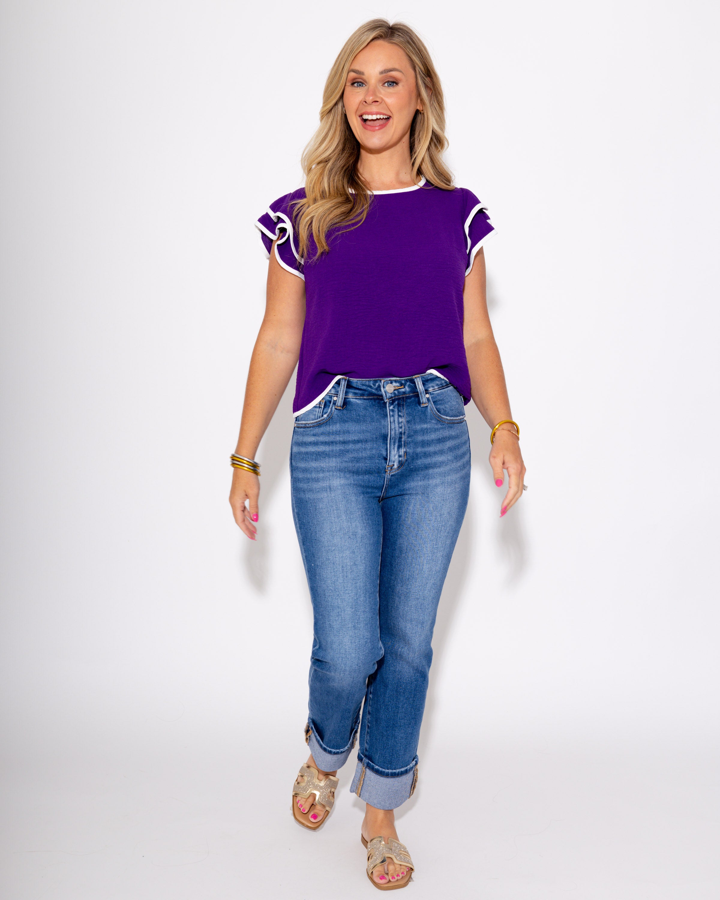 Game Day Ruffle Sleeve Contrast Piping Top in Purple
