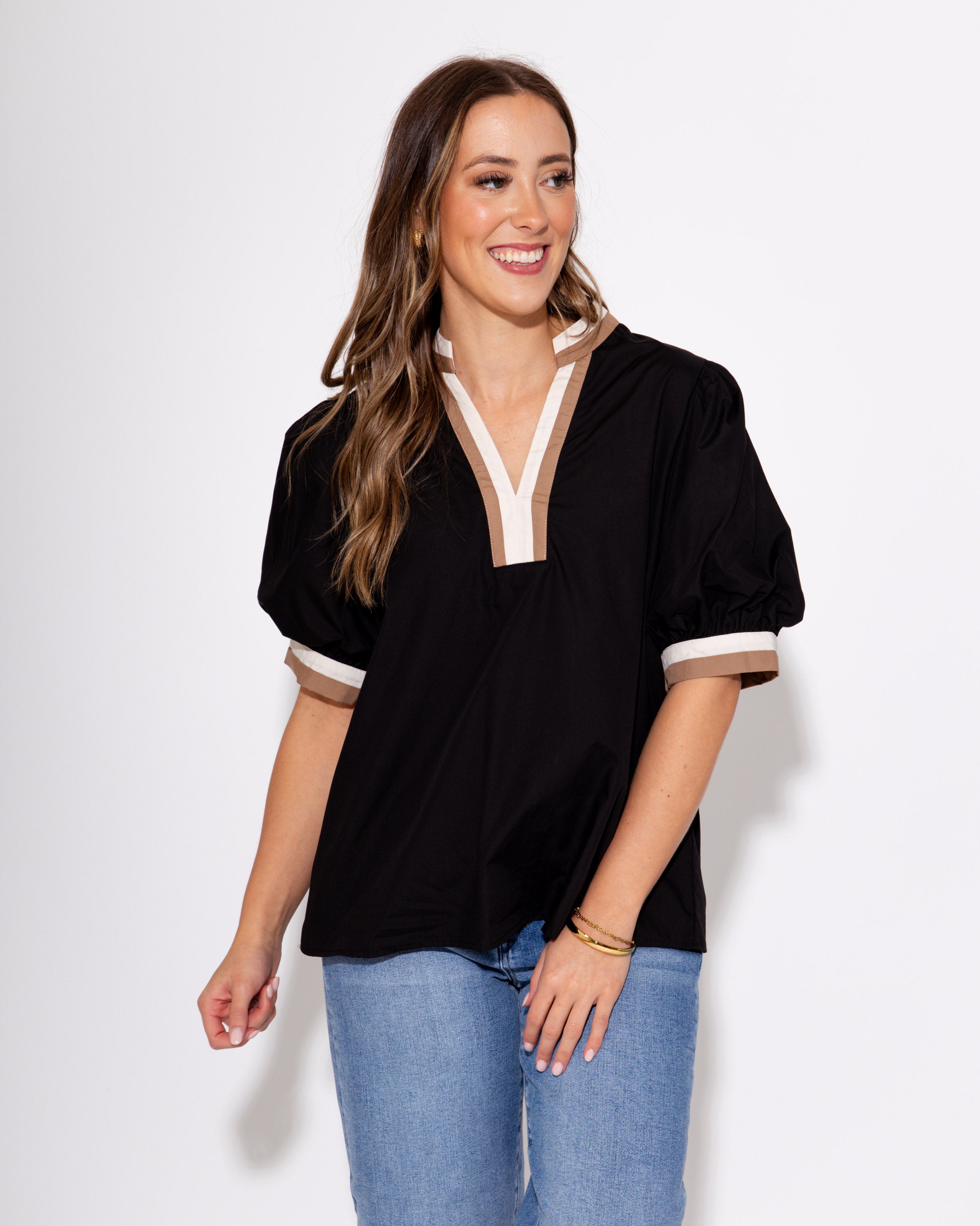 Mocha and Off White Collared Black Top