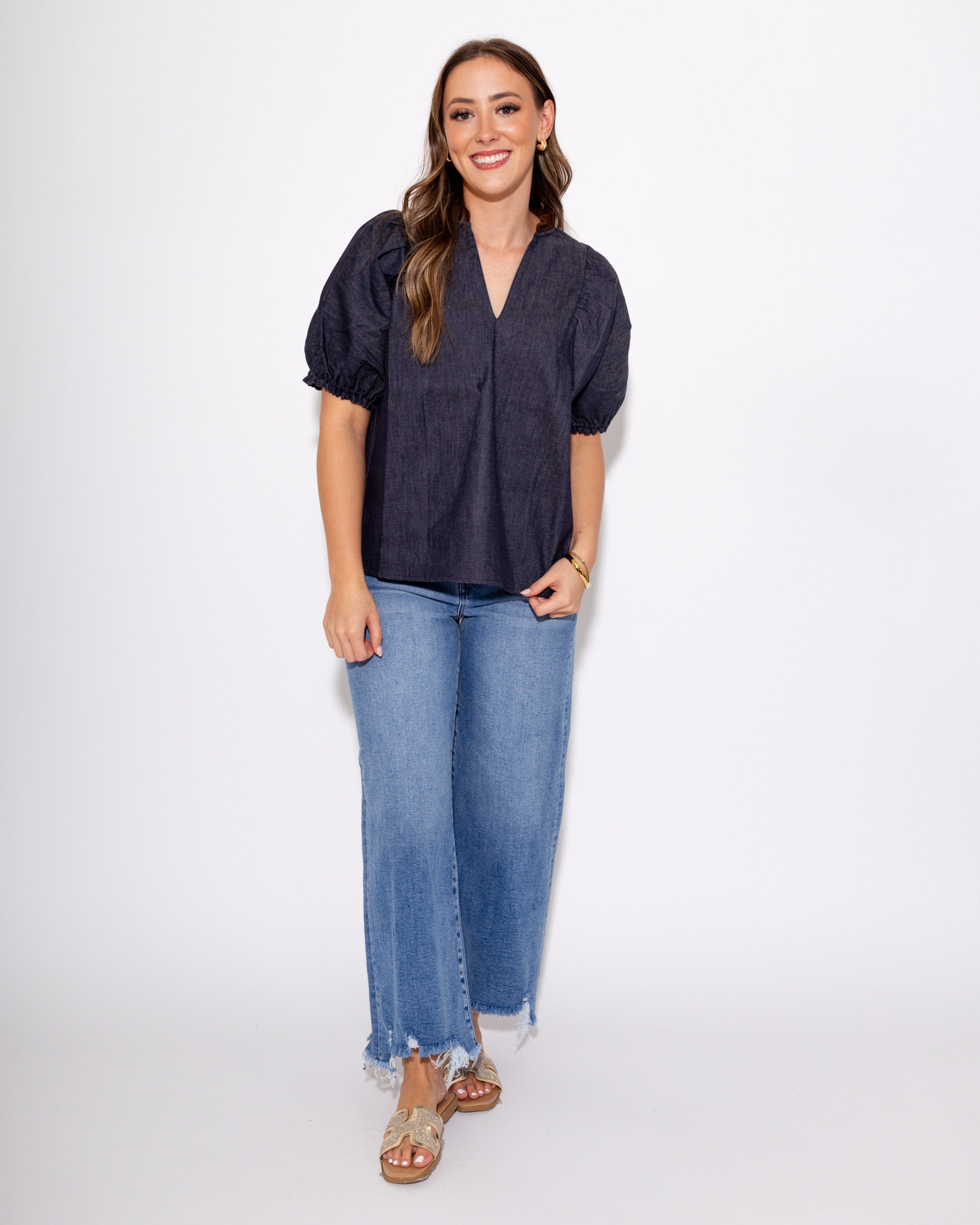 Split Neck Suede Ruffle Denim Top