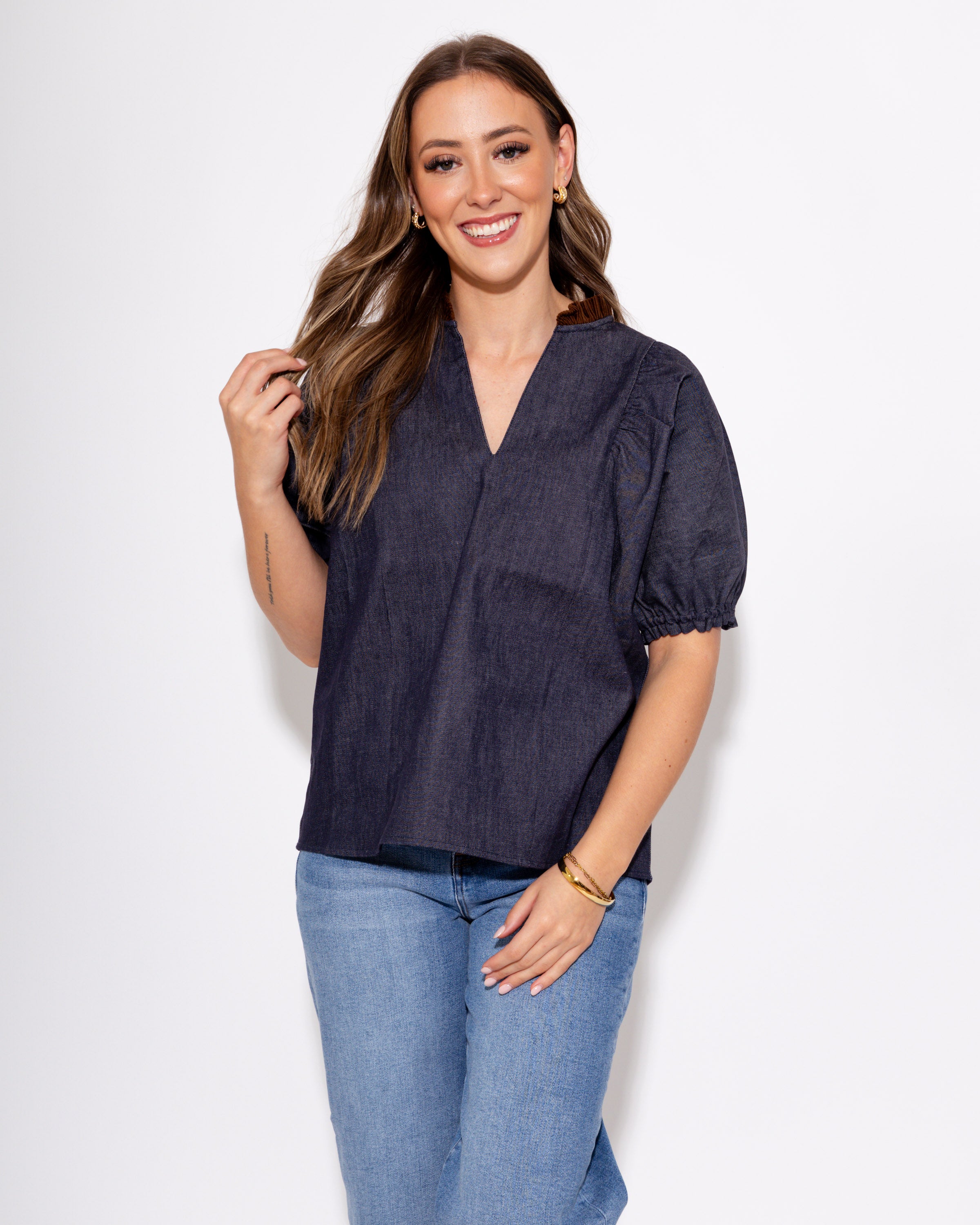 Split Neck Suede Ruffle Denim Top