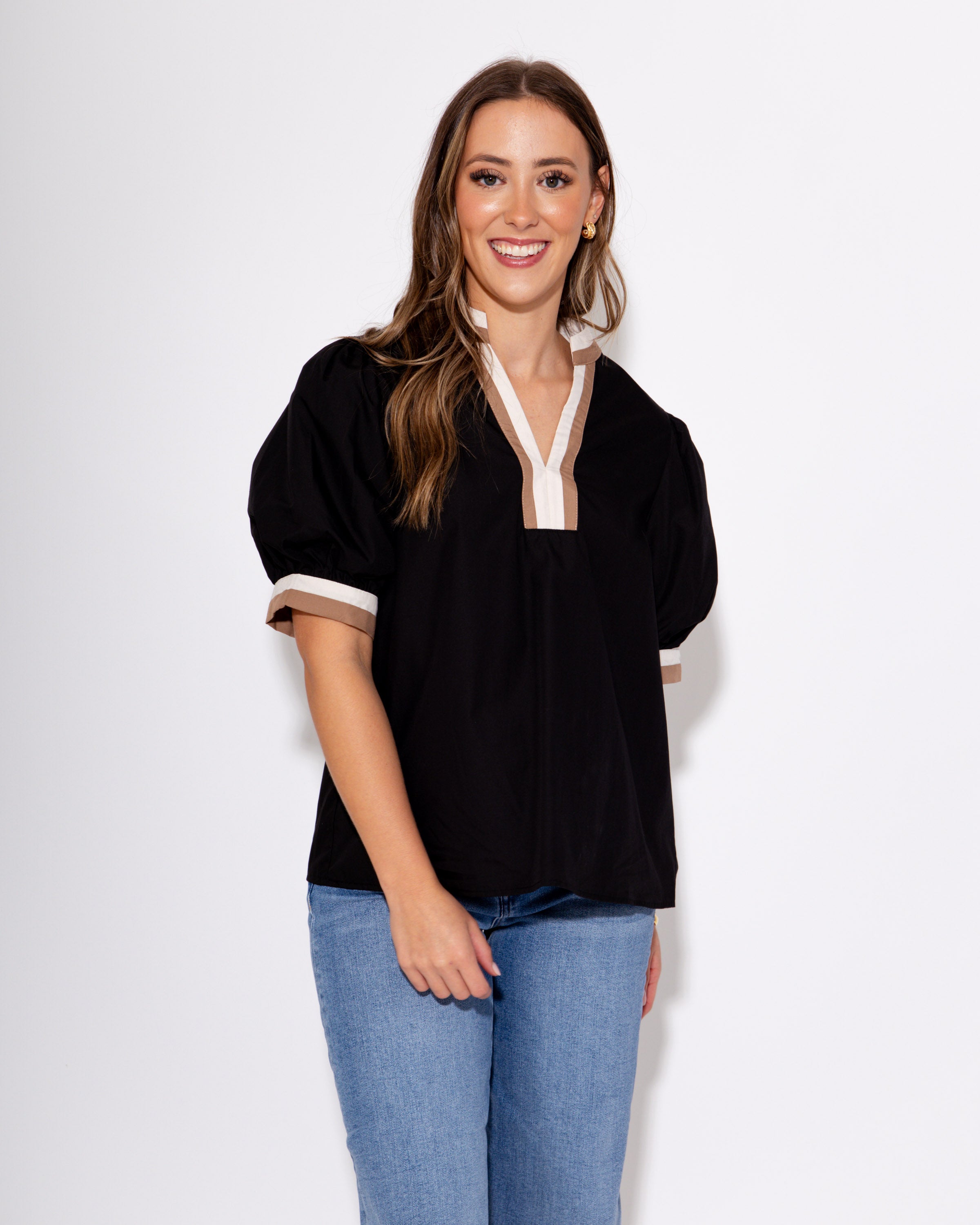 Mocha and Off White Collared Black Top