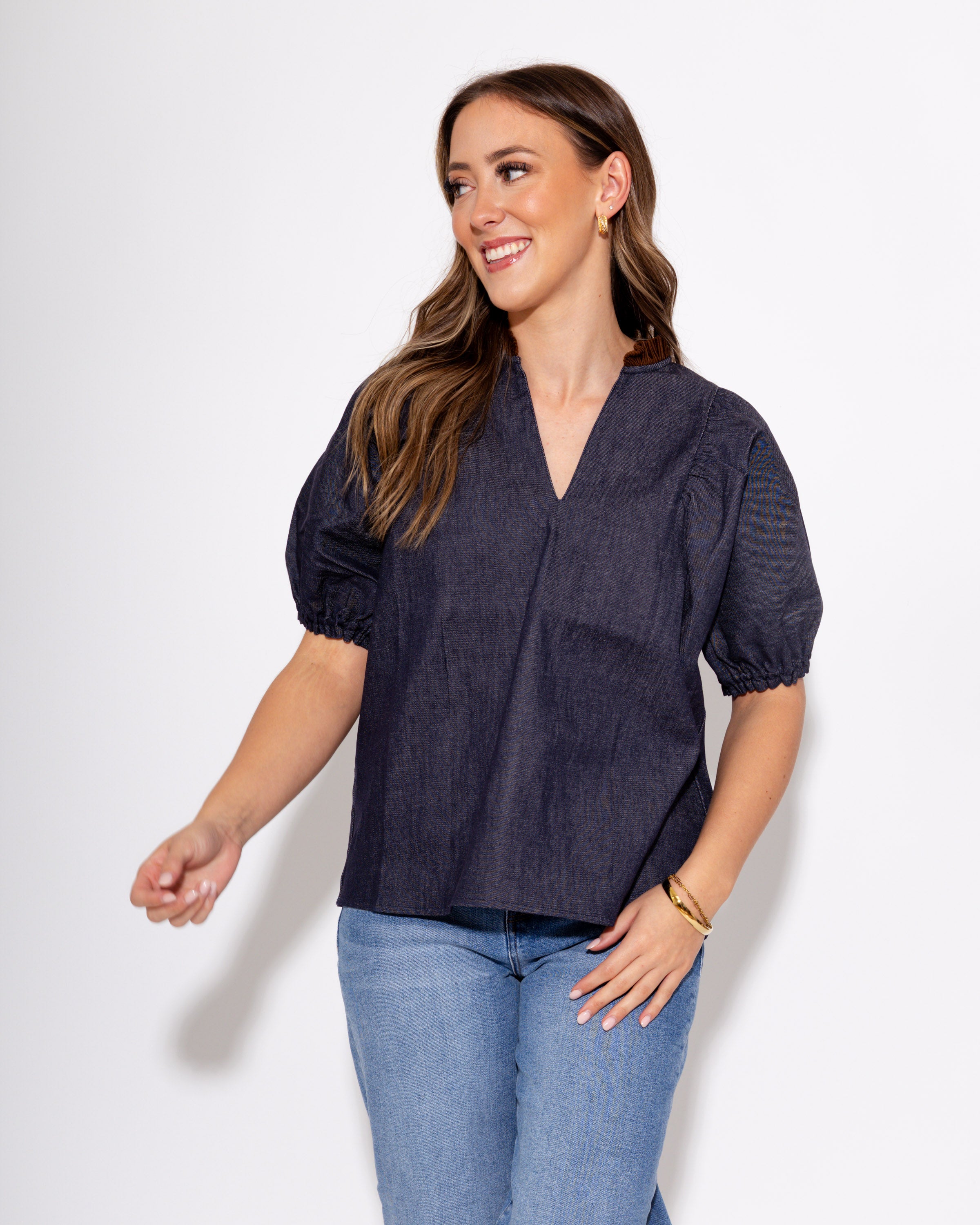 Split Neck Suede Ruffle Denim Top
