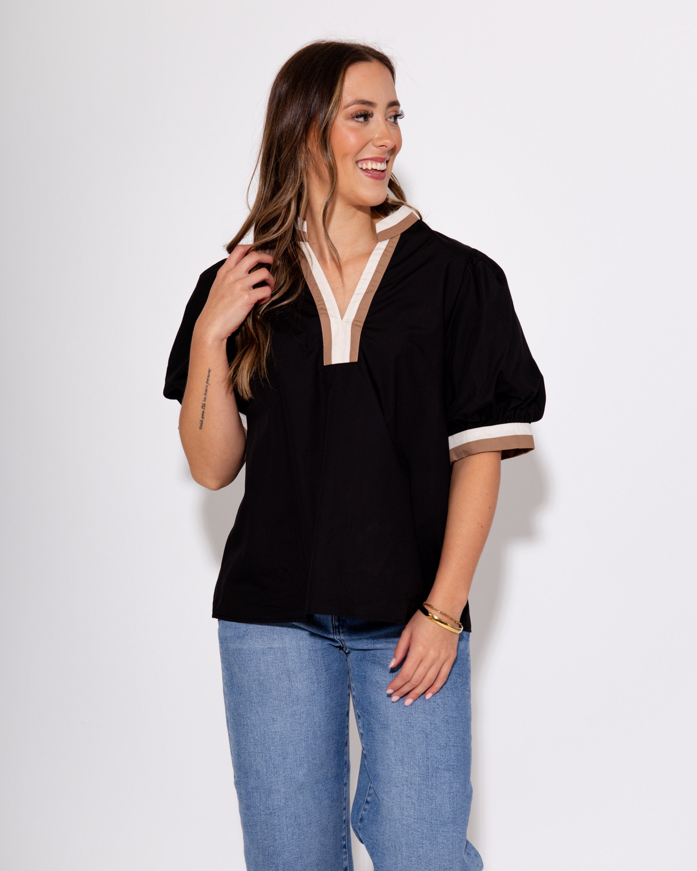 Mocha and Off White Collared Black Top