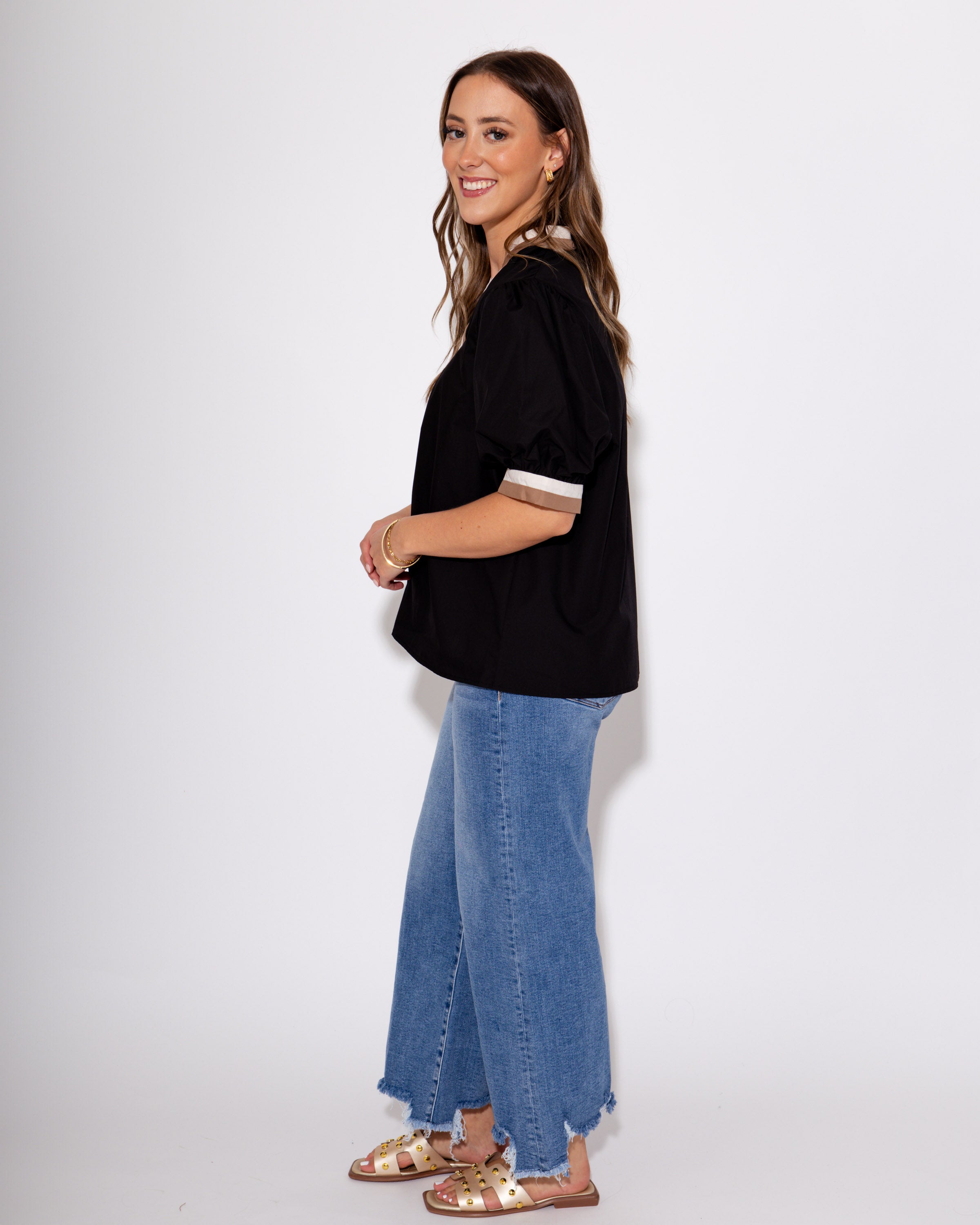 Mocha and Off White Collared Black Top