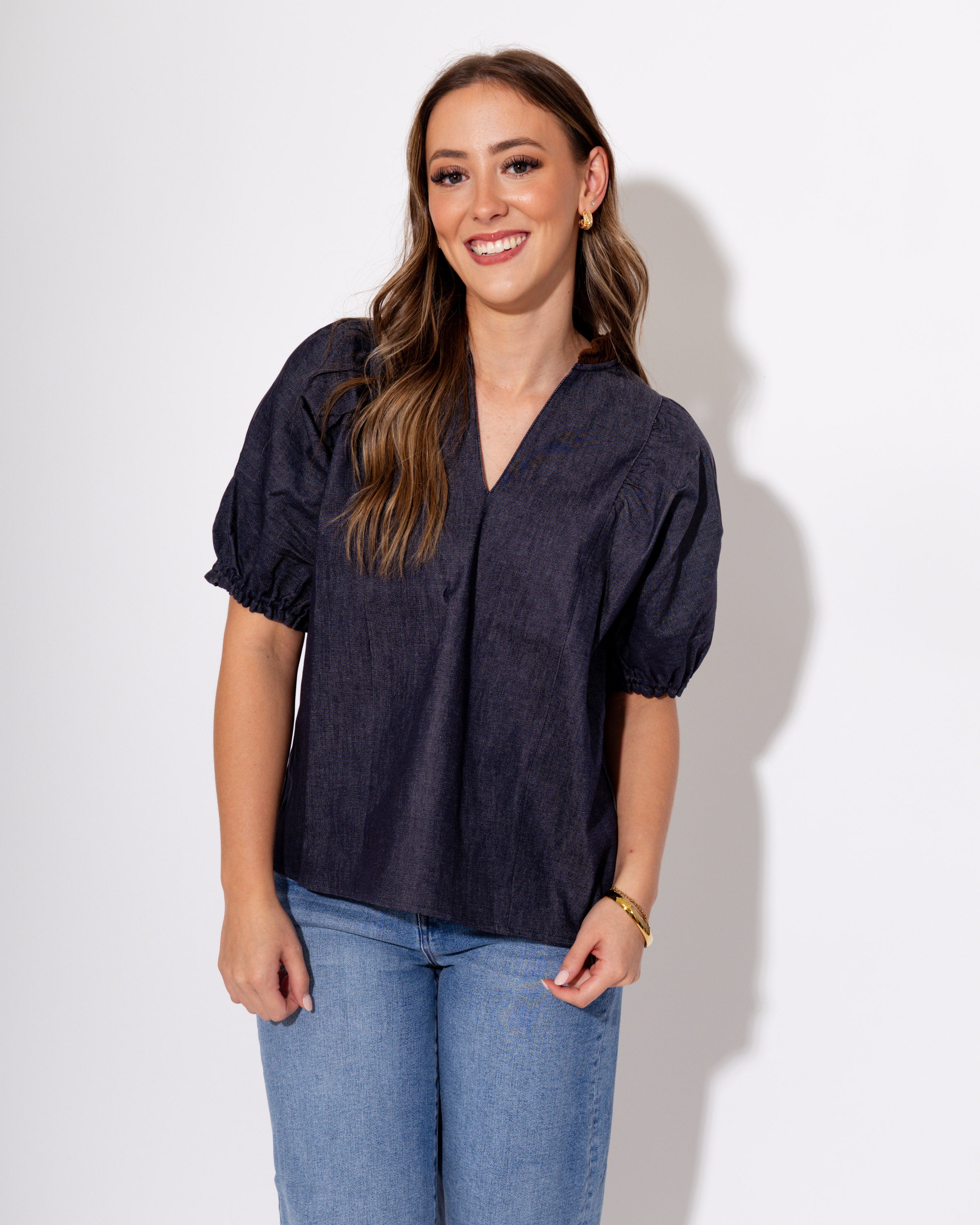 Split Neck Suede Ruffle Denim Top