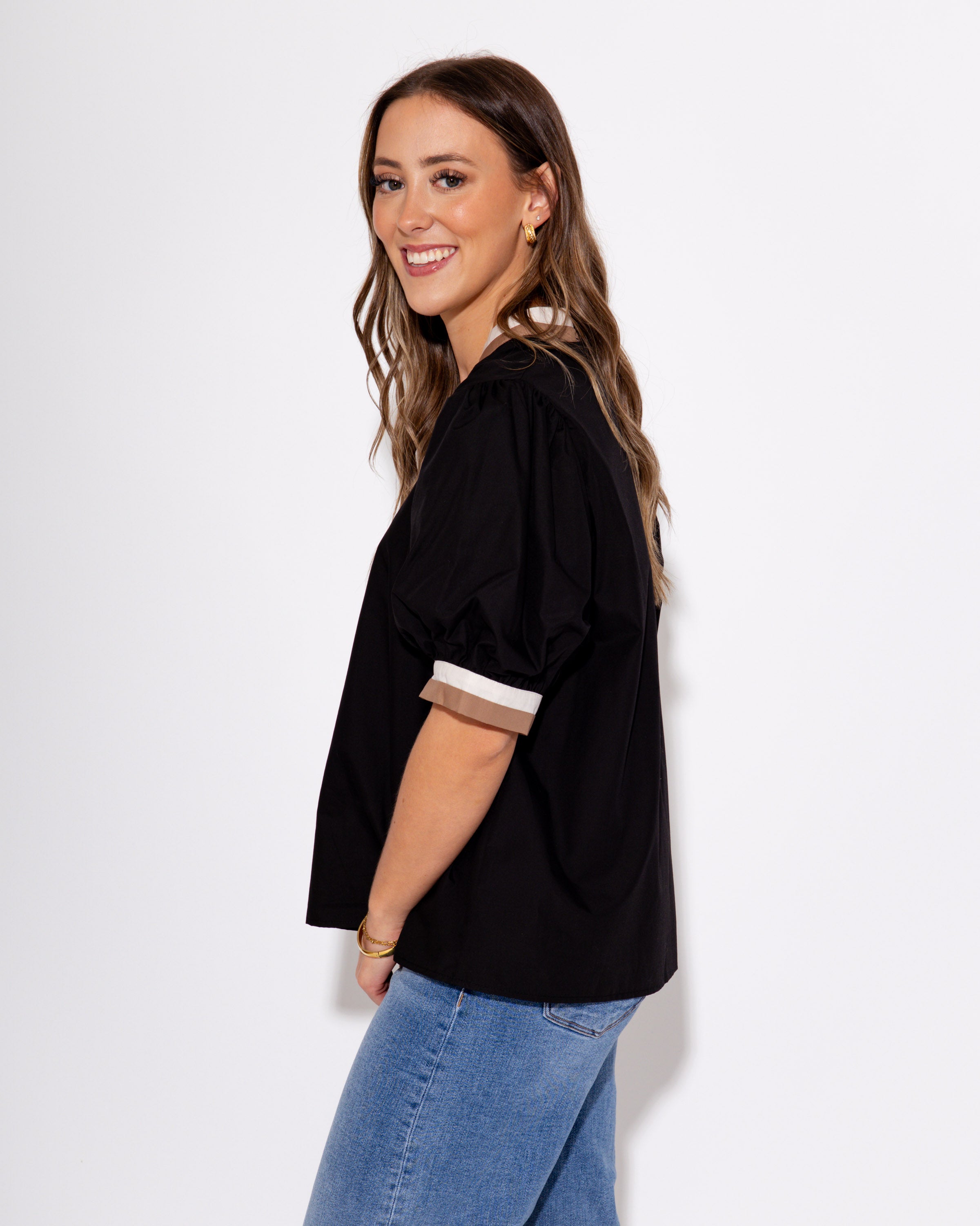 Mocha and Off White Collared Black Top