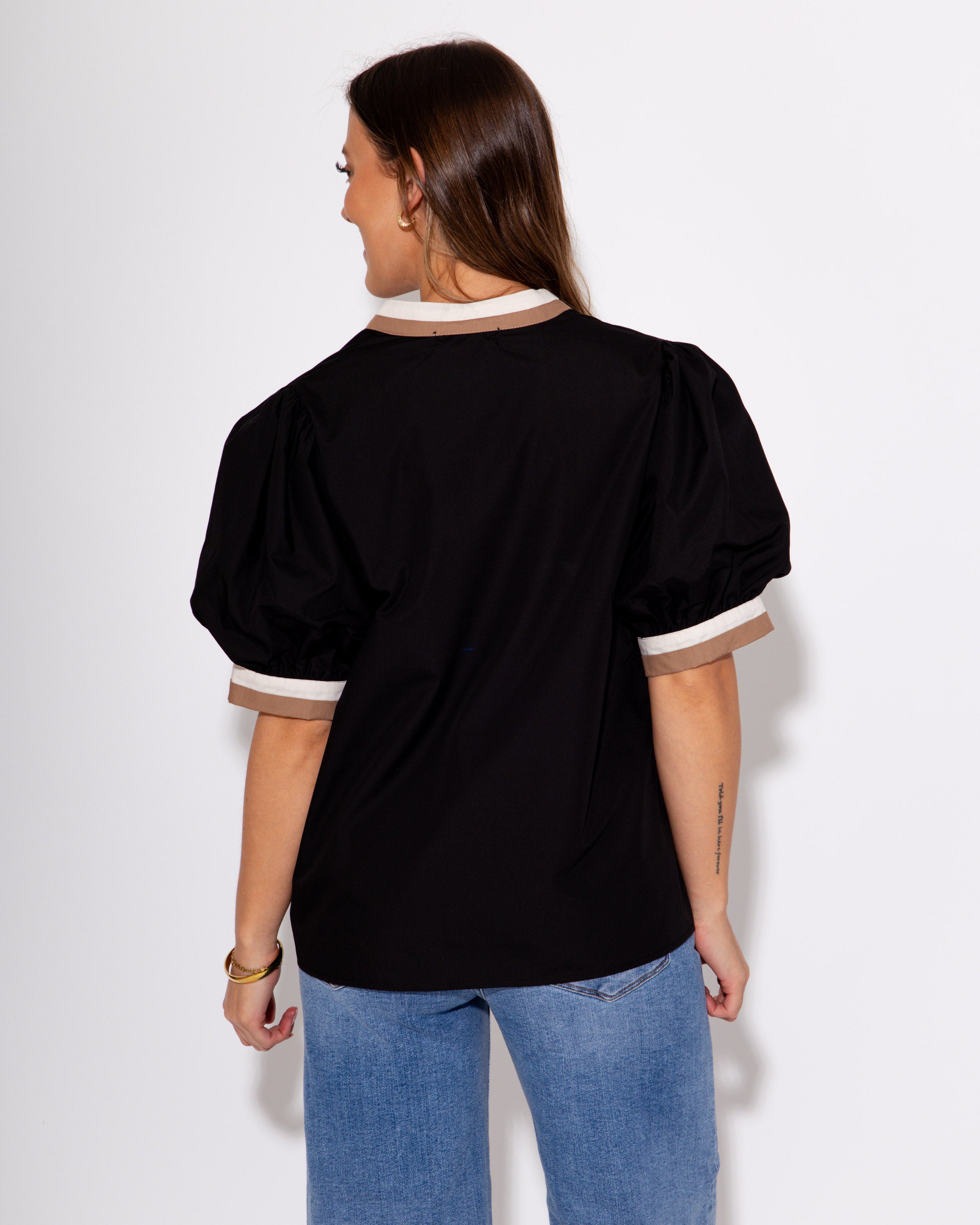 Mocha and Off White Collared Black Top