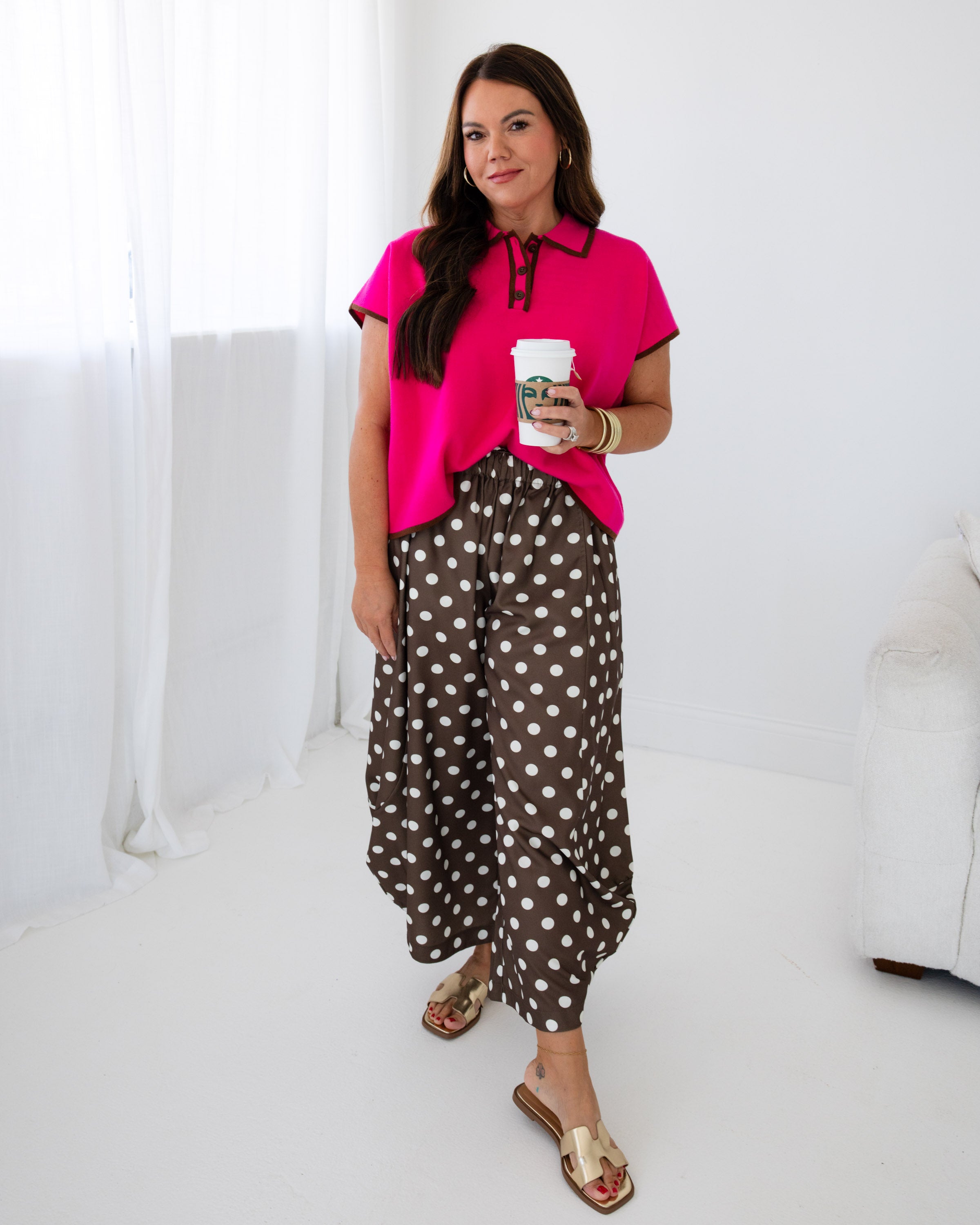 Playful Polka Dot Wide-Leg Pants in Brown