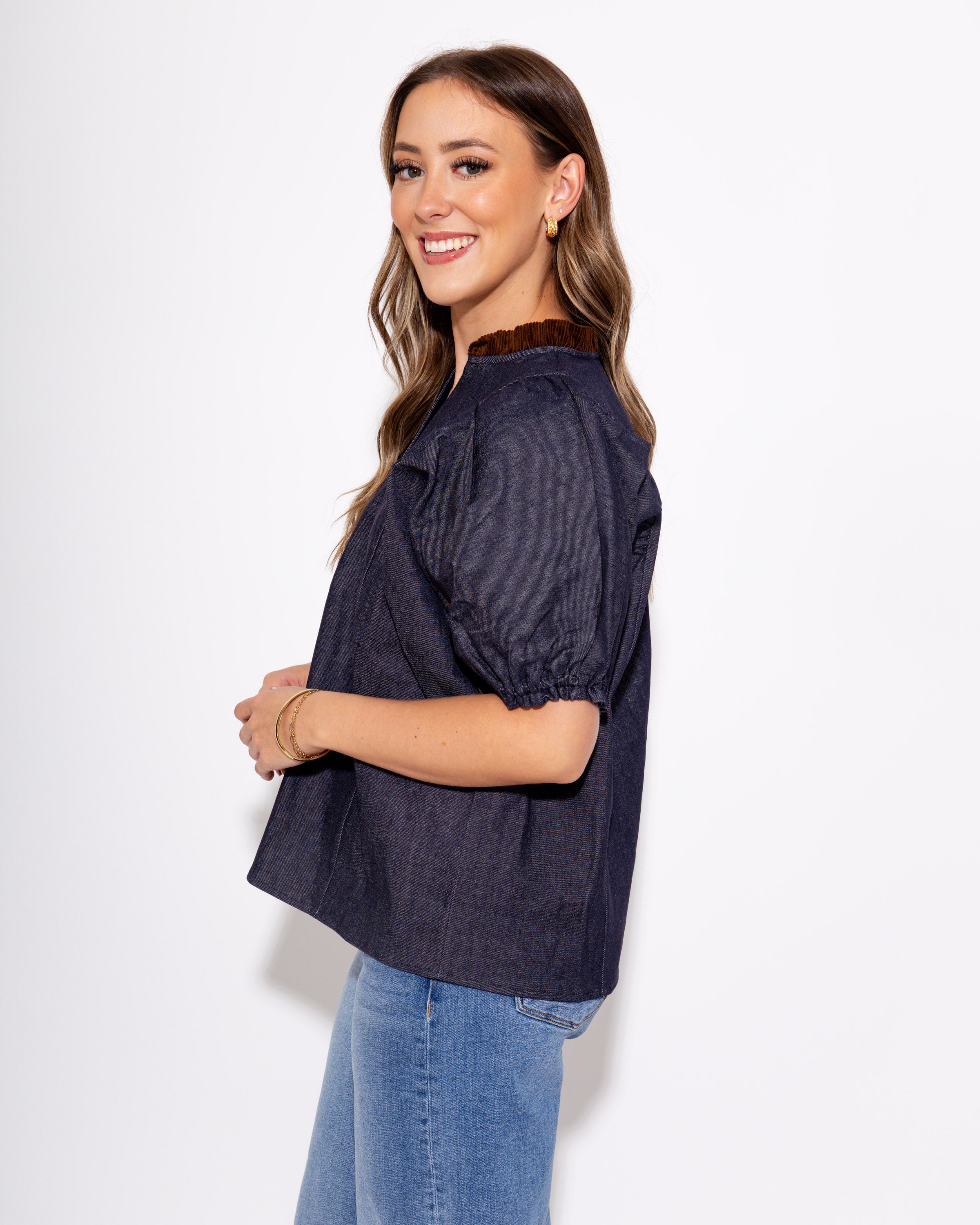 Split Neck Suede Ruffle Denim Top