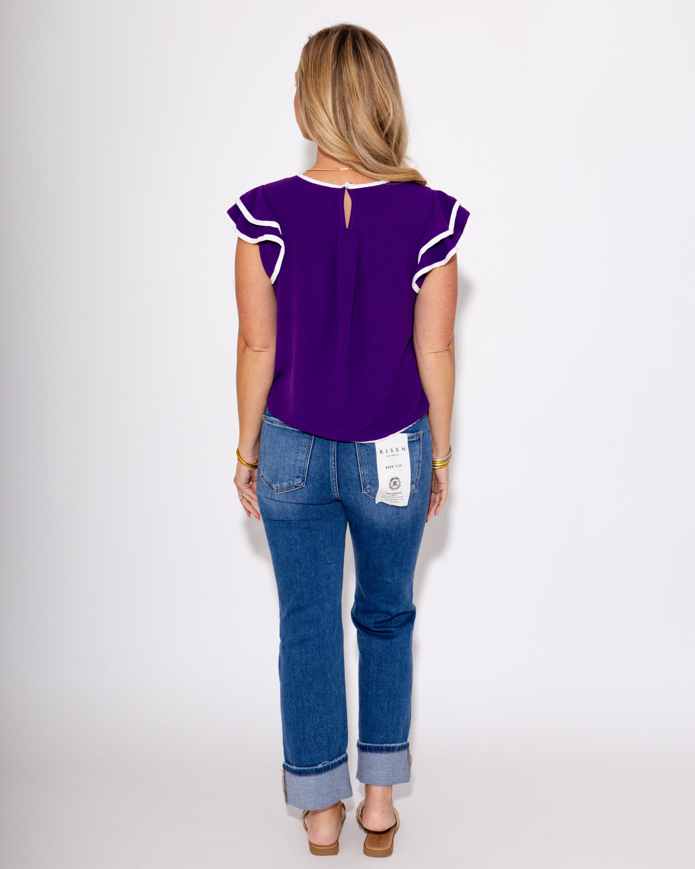 Game Day Ruffle Sleeve Contrast Piping Top in Purple